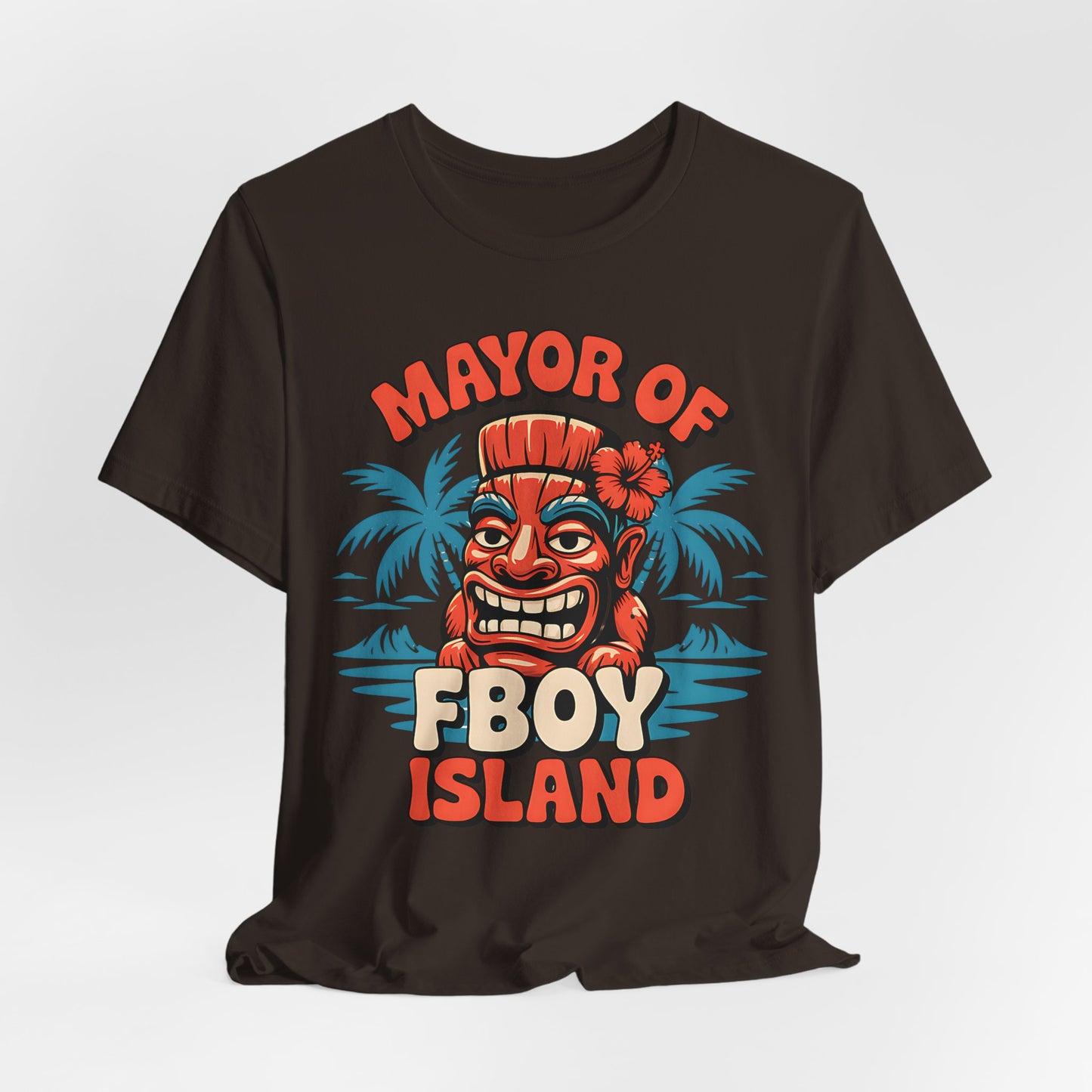 The Mayor of FBOY Island Short Sleeve Tiki T-Shirt is a black unisex tee with a vibrant tiki head, tropical foliage, and bold red and cream lettering—perfect for playful summer vibes.