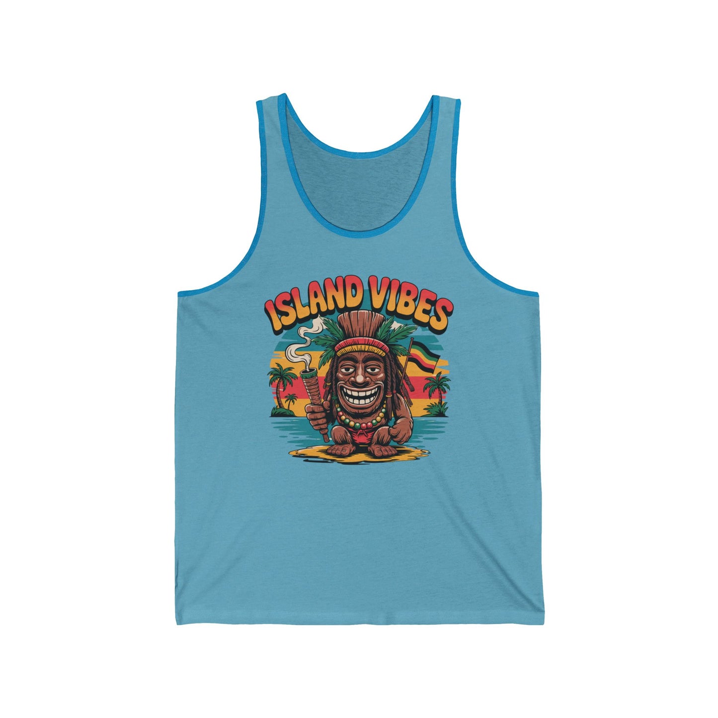The Island Vibes Unisex Jersey Tiki Tank Top is perfect for beach days & summer celebrations, featuring a smiling tiki statue, palm trees, and a sunset with “Island Vibes” above—all on lightweight fabric for ultimate comfort.