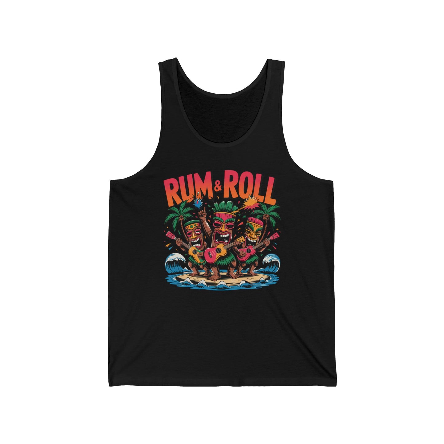 Add island vibes to your summer with the Tropical Rum & Roll Unisex Jersey Tiki Tank Top, featuring three tiki statues, palm trees, ocean waves, fireworks, and a bold RUM & ROLL graphic—perfect for parties and beach days.