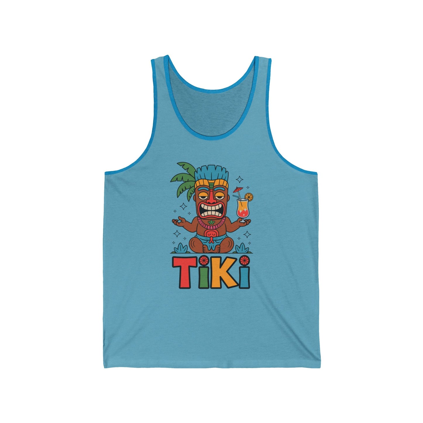 Tiki Themed Unisex Jersey Tiki Tank Top for Summer Parties & Beach Days featuring a colorful cartoon statue with a cocktail, palm trees, and bold TIKI—ideal for fans of tropical vibes.