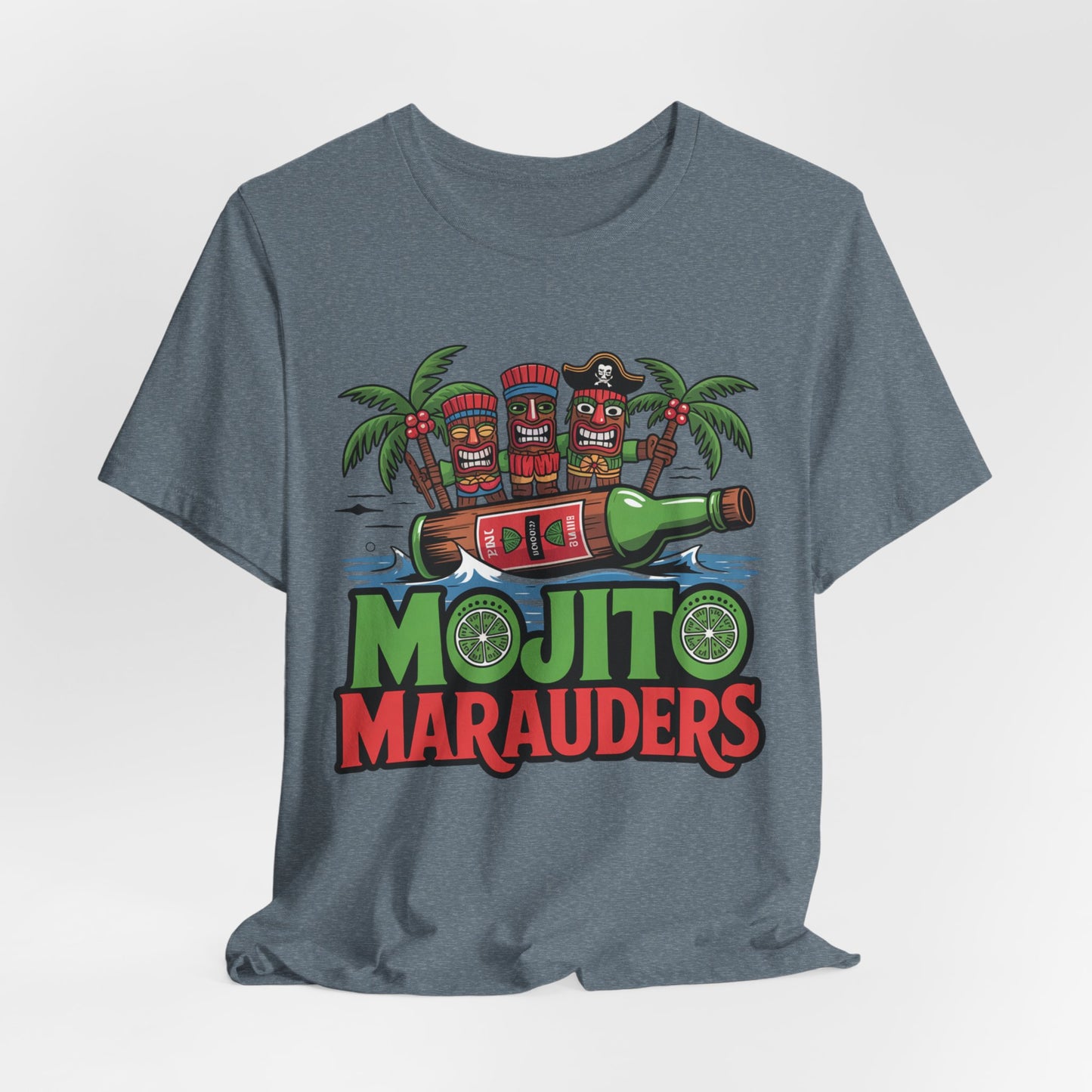The Mojito Marauders Tiki T-Shirt is a unisex jersey featuring three tiki mugs with a pirate hat, palm tree, mojito bottle, lime slices, and bold MOJITO MARAUDERS lettering—a perfect pick for tropical vibes.