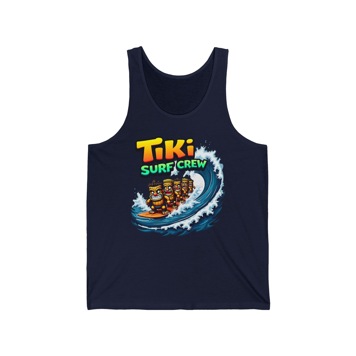 The Tiki Surf Crew Unisex Jersey Tiki Tank Top features four tiki figures surfing a wave under Tiki Surf Crew in bold colors—a vibrant, beach-ready tank perfect for summer fun.