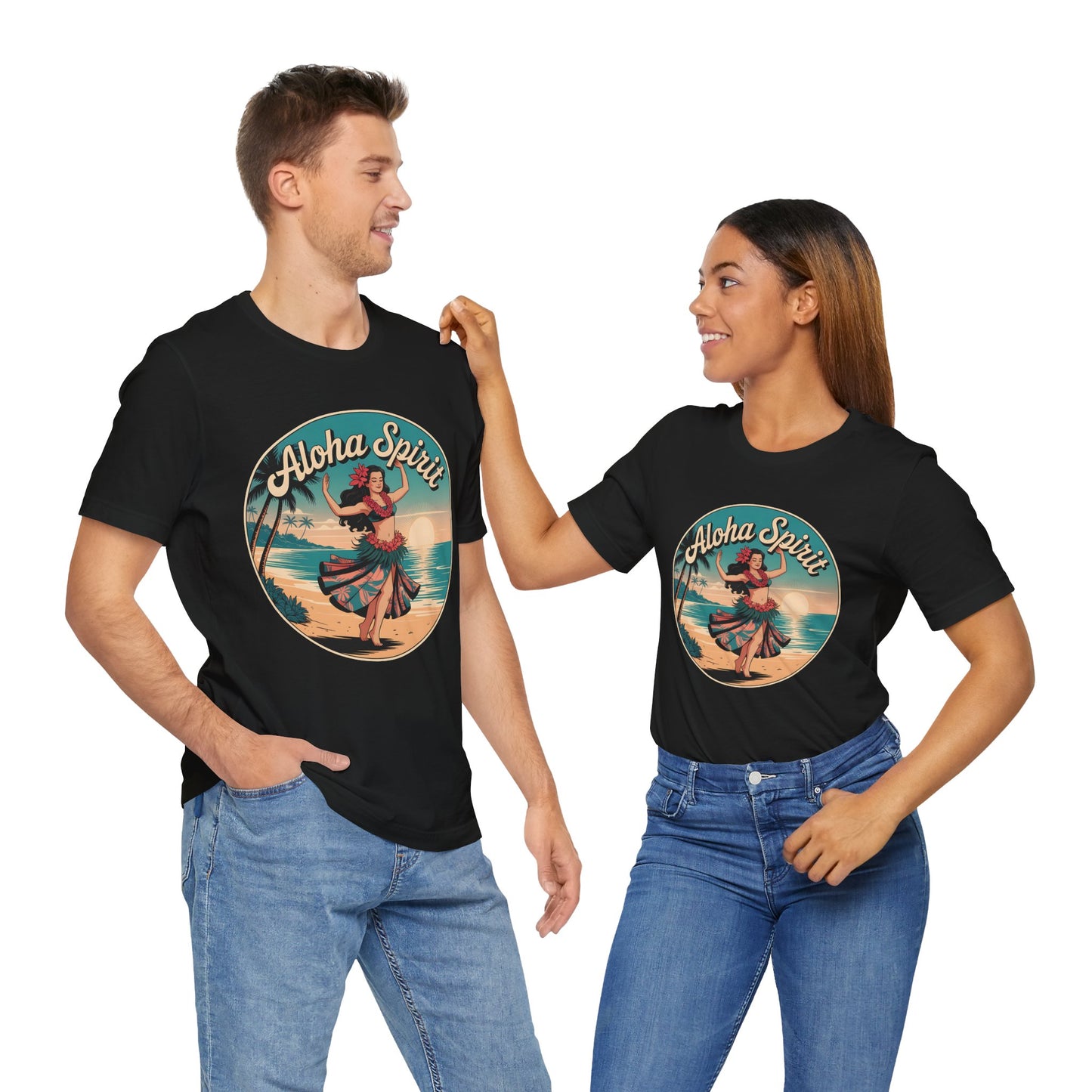A smiling man and woman stand together wearing Aloha Spirit Graphic T-Shirt - Hula Dancer T-Shirts, featuring a vibrant island scene with a hula dancer—ideal for island dreamers and beach lovers. They look at each other happily.
