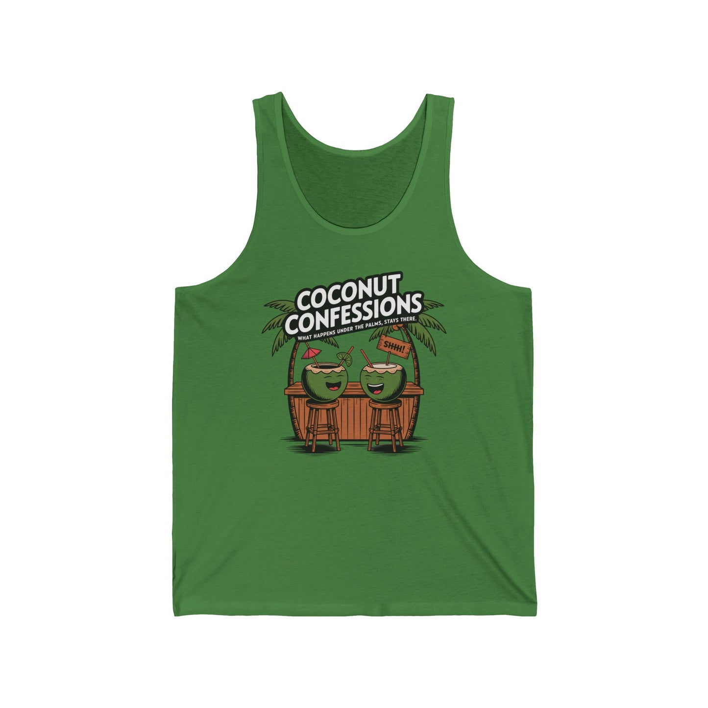 The Fun Coconut Confessions Unisex Jersey Tank features two cartoon coconuts at a tiki bar with playful quotes and Coconut Confessions text. Made from lightweight fabric, its perfect for summer parties and beach vacations.
