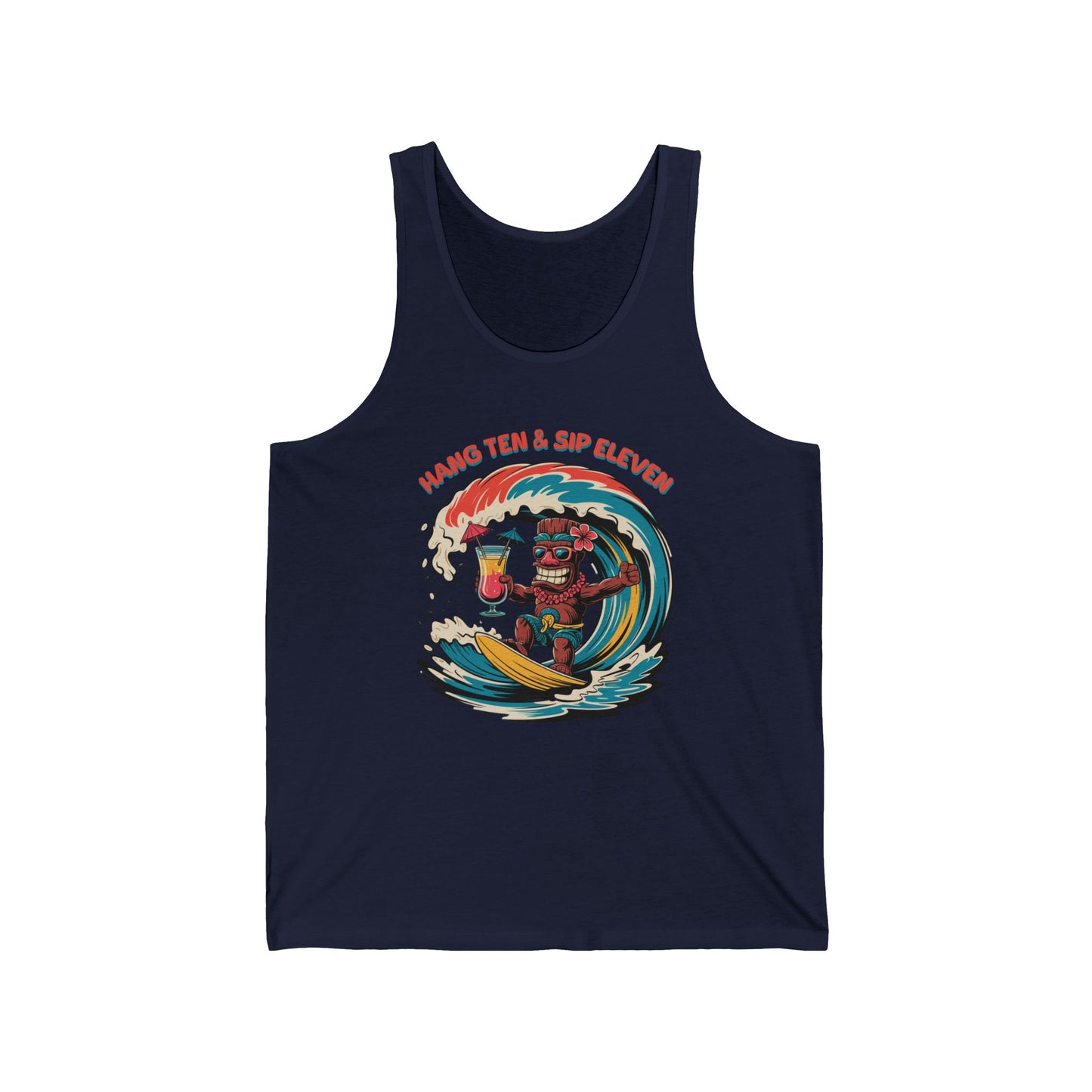 The Hang Ten and Sip Eleven- Tiki Tank Top is a navy blue unisex jersey made from soft Airlume combed cotton, featuring a high-quality print of a surfing tiki with a drink and bold HANG TEN & SIP ELEVEN text above.