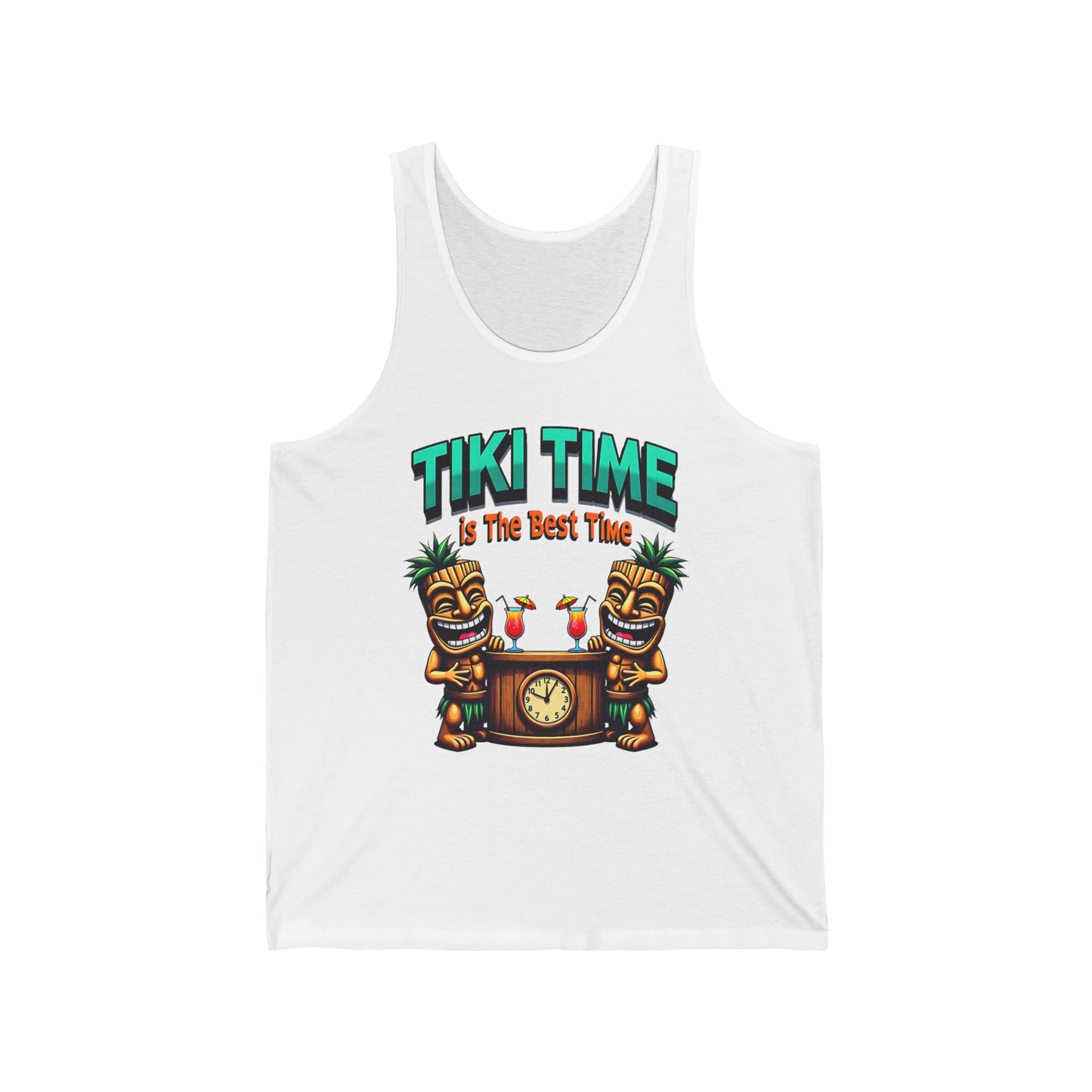The Tiki Time Unisex Jersey Tiki Tank Top features smiling tiki statues with cocktails and a bold “TIKI TIME is The Best Time” design—a relaxed-fit summer essential perfect for any celebration.