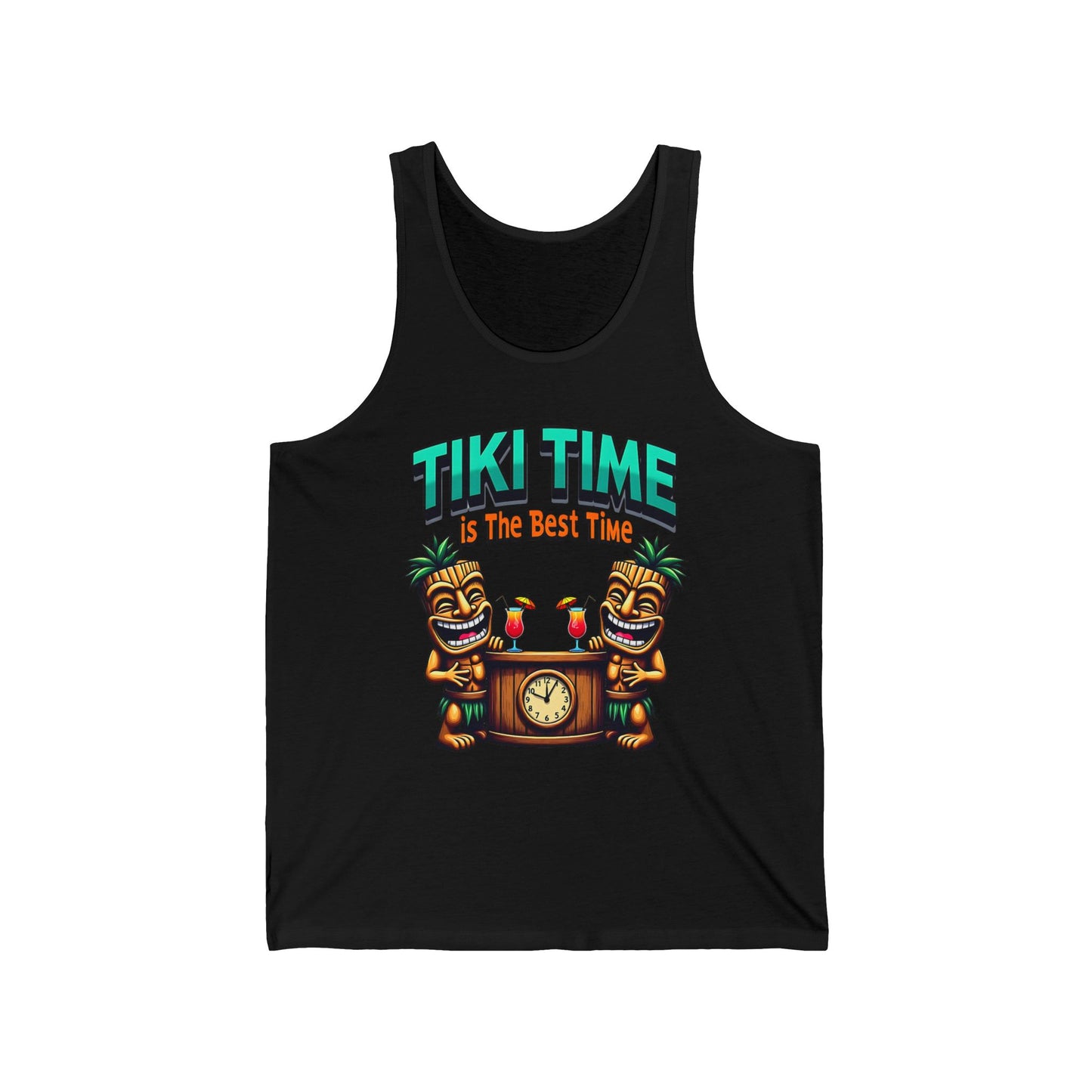 A summer must-have, the Tiki Time Unisex Jersey Tiki Tank Top features a relaxed fit and a vibrant tiki statue design with tropical drinks and TIKI TIME is The Best Time above them—perfect for summer celebrations.