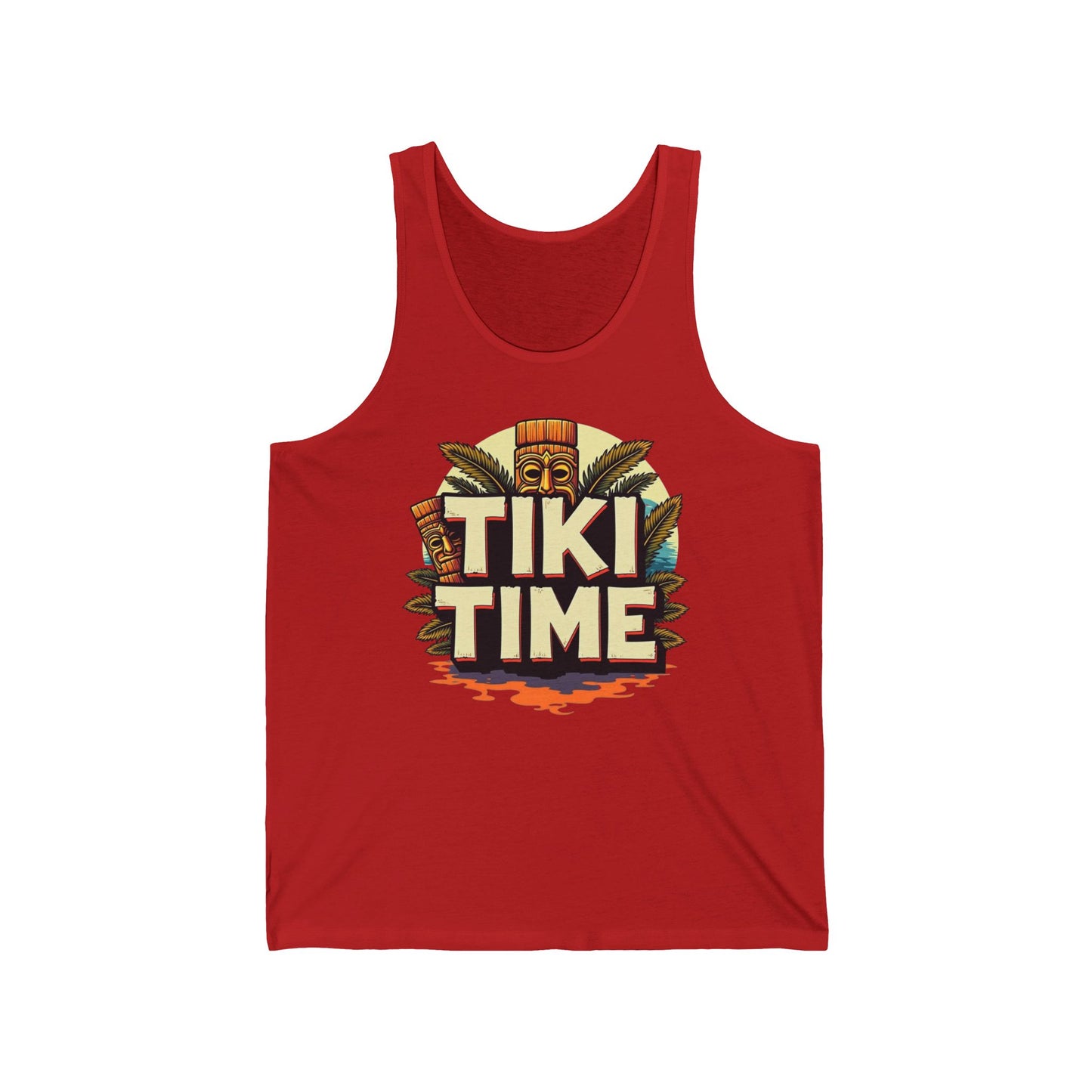 The Tiki Time Unisex Jersey Tiki Tank Top features bold “TIKI TIME” lettering, tropical leaves, a tiki mask, and an orange gradient shadow—ideal for summer vibes and tropical celebrations.