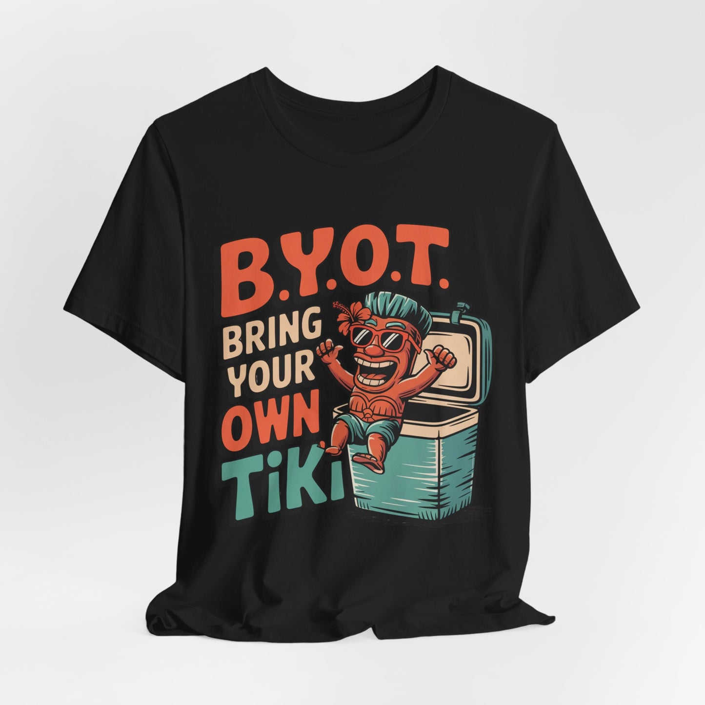 The Bring Your Own Tiki Short Sleeve Tiki T-Shirt is a black unisex jersey tee with a colorful cartoon tiki in a cooler and bold B.Y.O.T. text—made from soft Airlume combed cotton, perfect for lively summer parties.