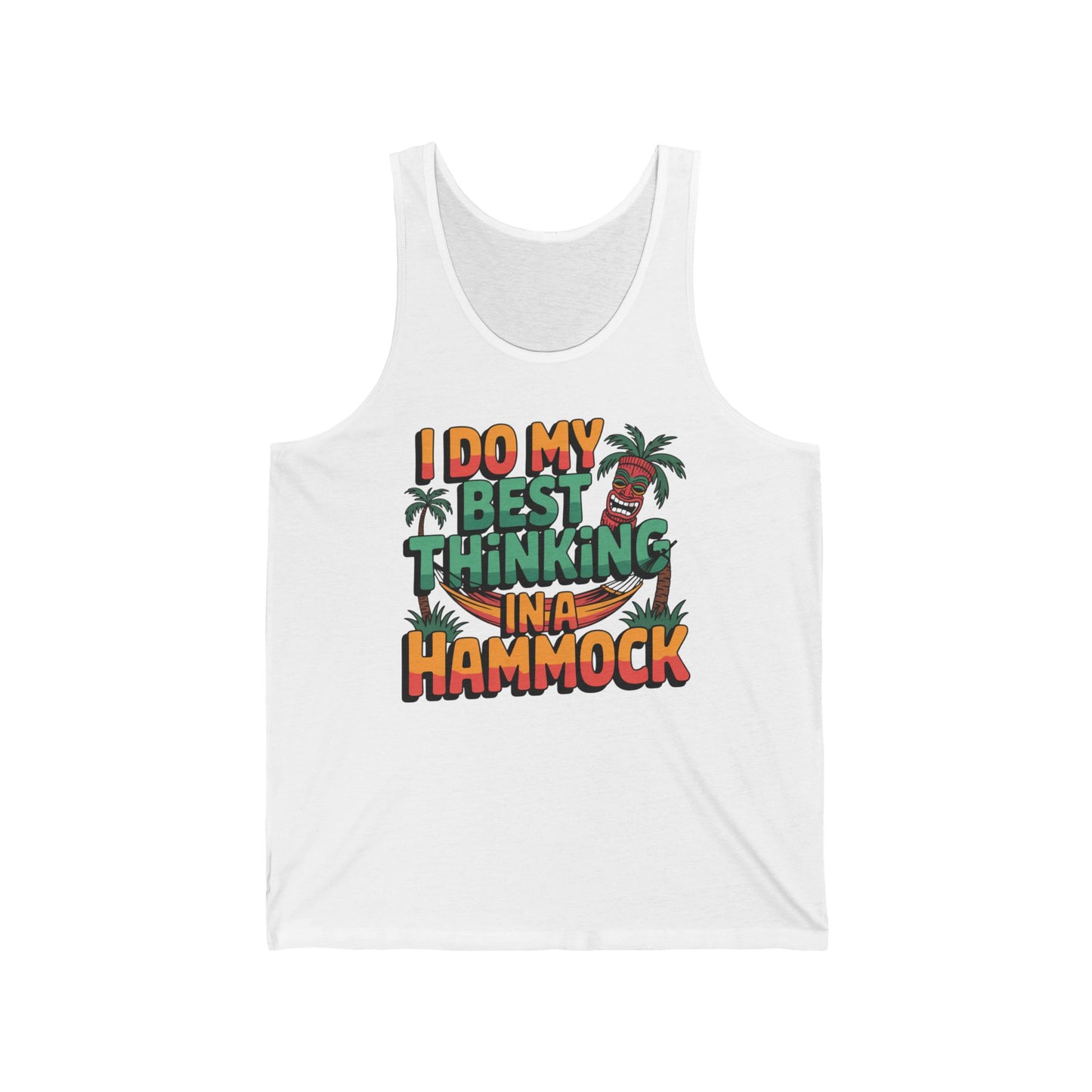 The Tiki Tank Top - Relaxed Tropical Vibe features colorful tropical text, palm trees, and a hammock illustration—ideal for your next getaway. White relaxed fit tank reads I do my best thinking in a hammock for laidback island style.