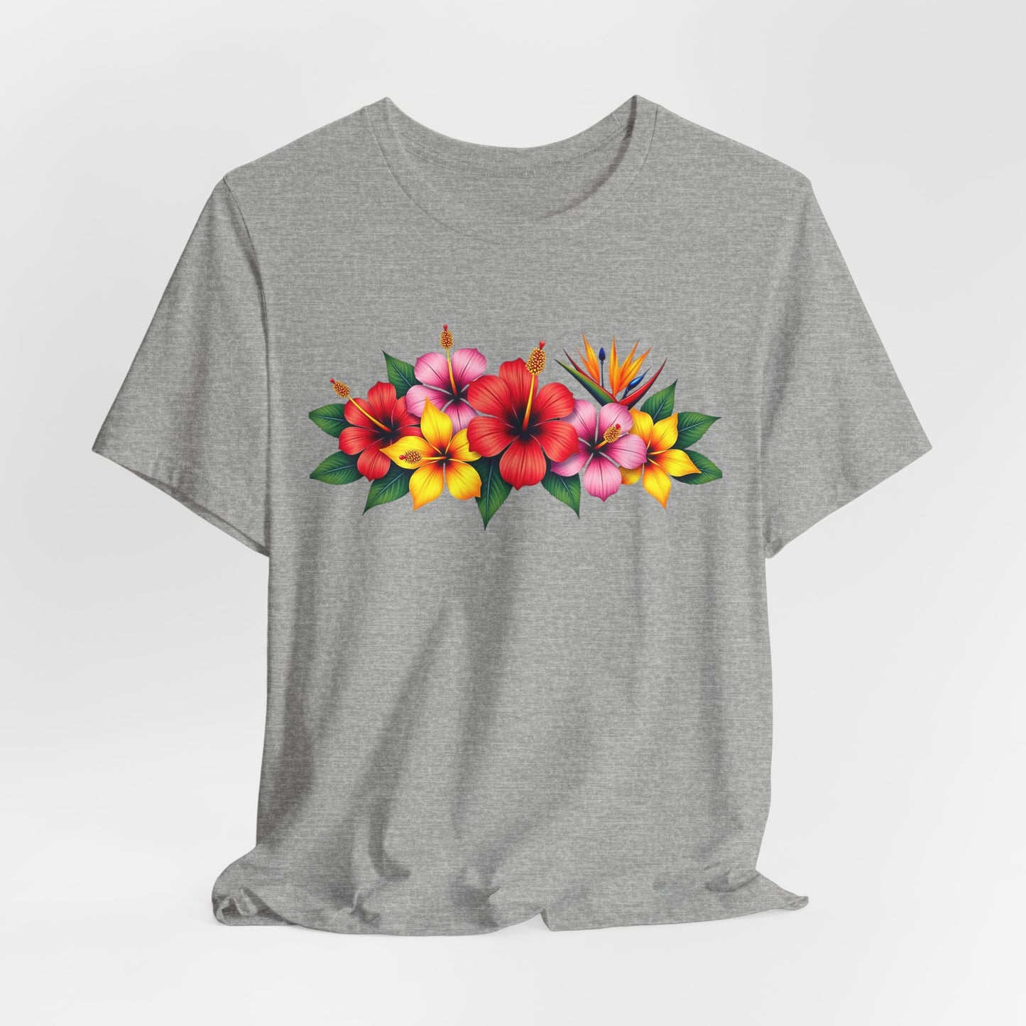 The Tropical Floral Unisex T-Shirt - Bright & Vibrant Summer Shirt features a gray base with a colorful print of red, pink, orange, and yellow tropical flowers with green leaves—perfect for adding bohemian flair to your style.