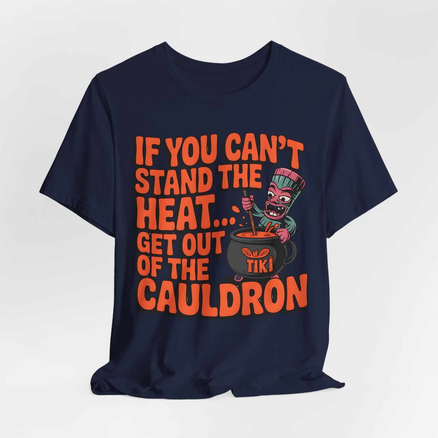 Navy blue t-shirt with orange and green graphic and text on a white background