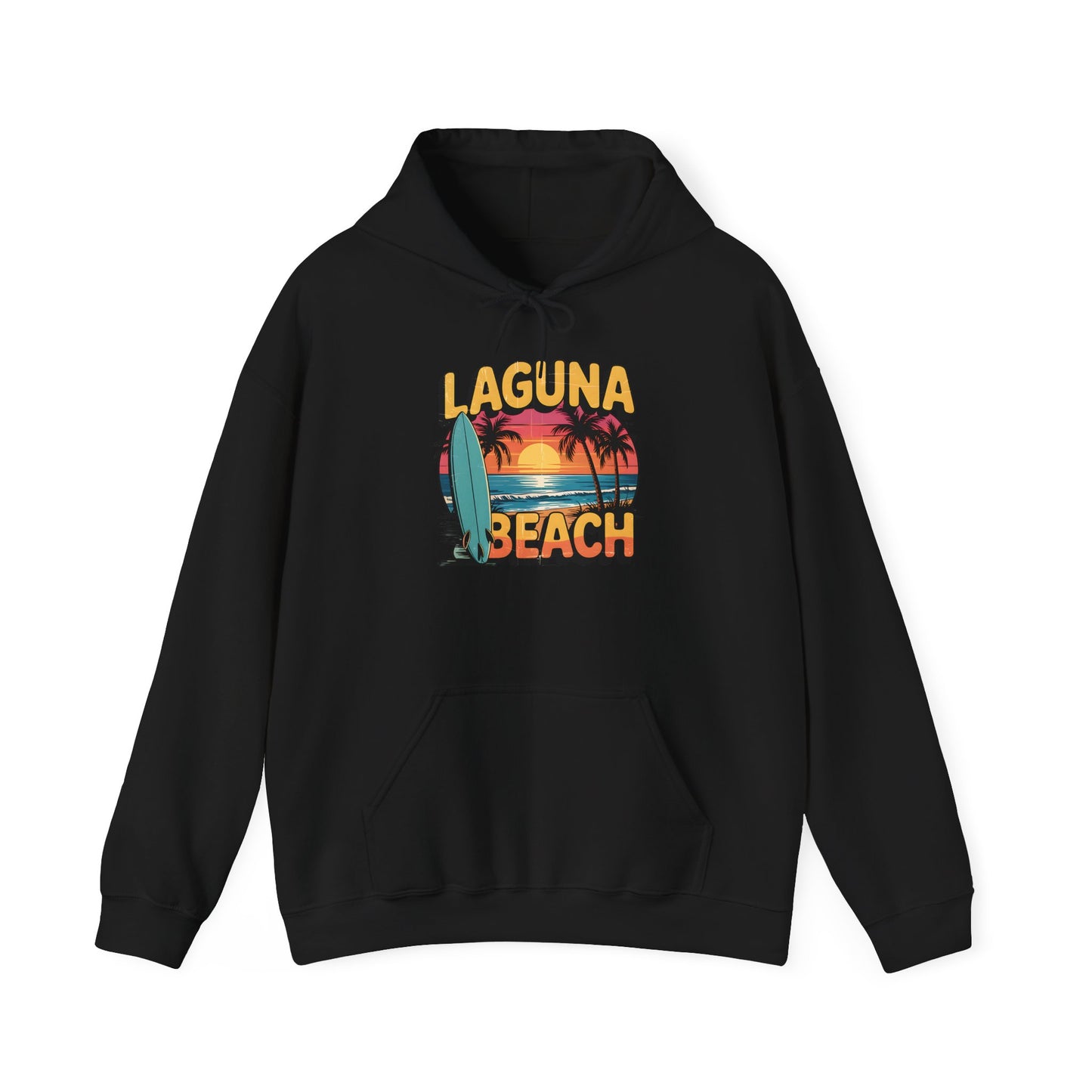 Laguna Beach Sunset Hoodie for Beach Lovers features a vintage sunset, palm trees, and surfboard graphic with Laguna Beach on the front—a perfect unisex casual sweatshirt.