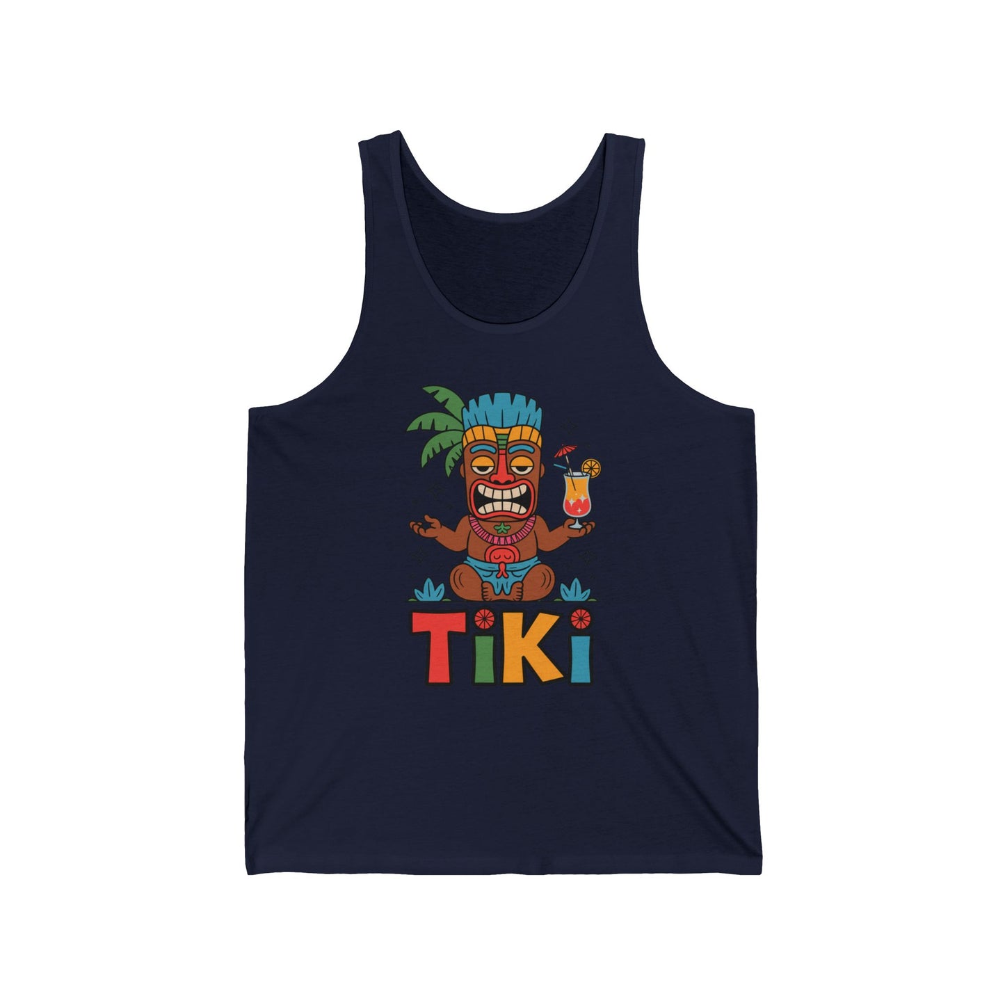 The Tiki Themed Unisex Jersey Tiki Tank Top for Summer Parties & Beach Days features a vibrant cartoon tiki with a drink, palm leaves, and bold multicolored TIKI lettering for a fun tropical look.