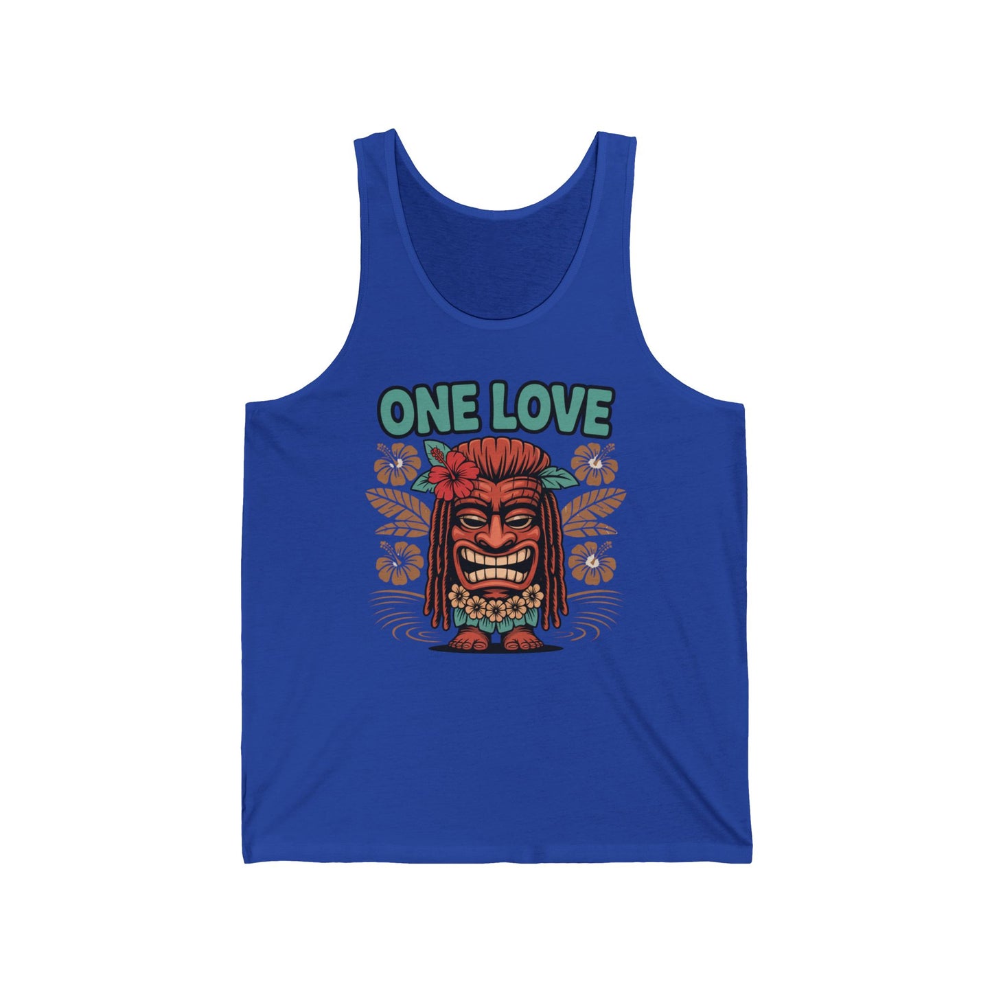 The One Love Unisex Jersey Tiki Tank Top features a smiling tiki face with a red hibiscus and tropical leaves, plus bold green ONE LOVE text—perfect as a summer vibe shirt for festivals and casual wear.