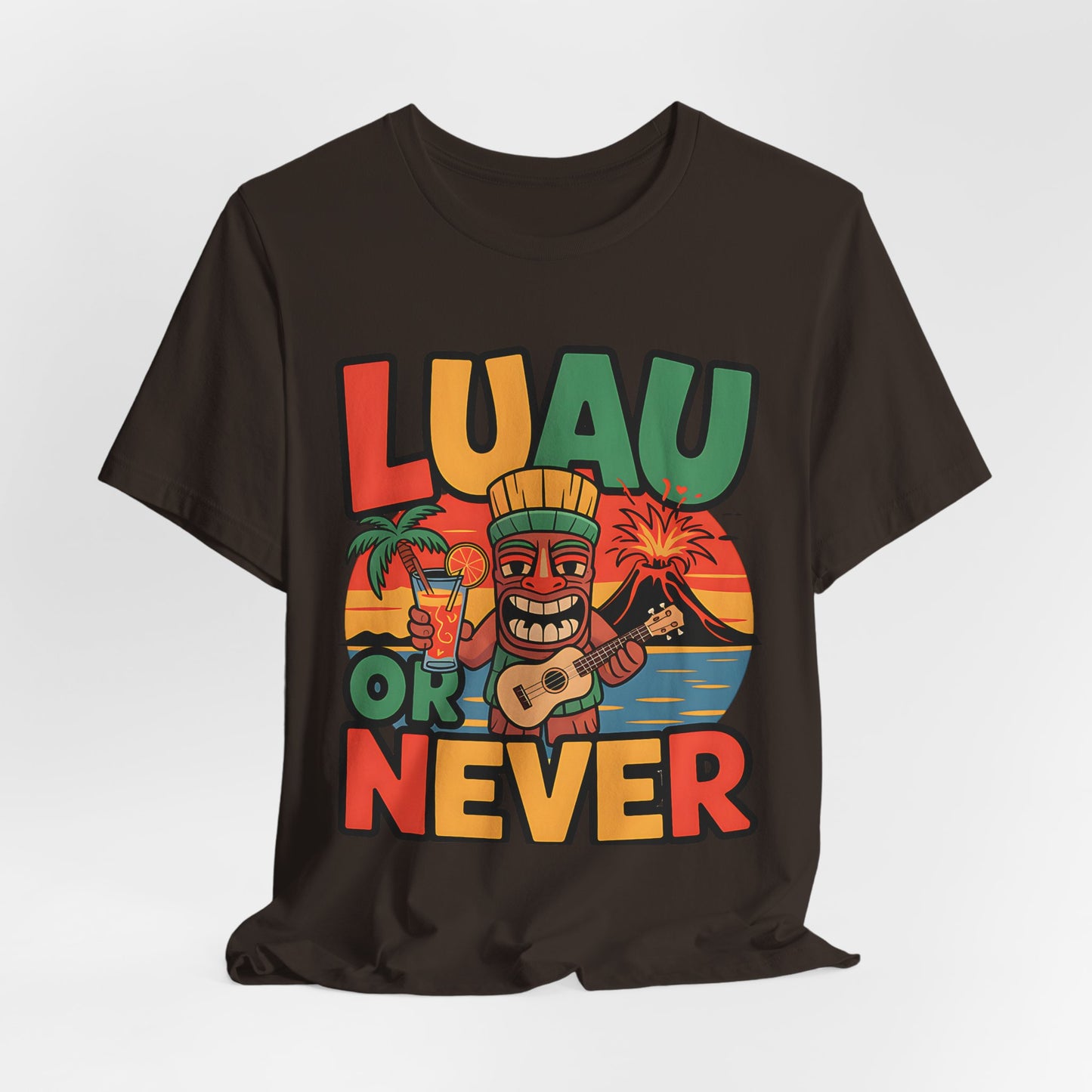The Tropical Luau Short Sleeve Tiki T-Shirt features a vibrant tiki design with a drink and ukulele amid palm trees, ocean, and sunset. LUAU OR NEVER completes this black unisex tee—perfect for your next summer celebration!.