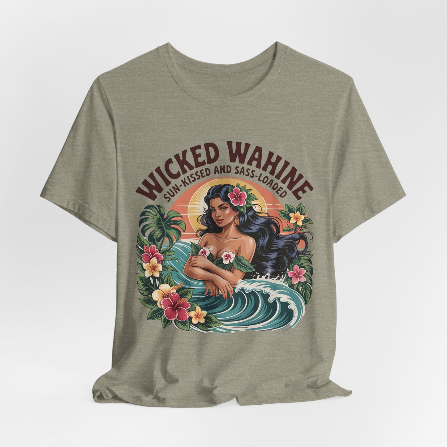 The Wicked Wahine Graphic T-Shirt – Sun-Kissed and Sass-Laden features an illustrated woman with long dark hair amid tropical designs on an olive green unisex jersey, capturing a laid-back, sassy vibe.