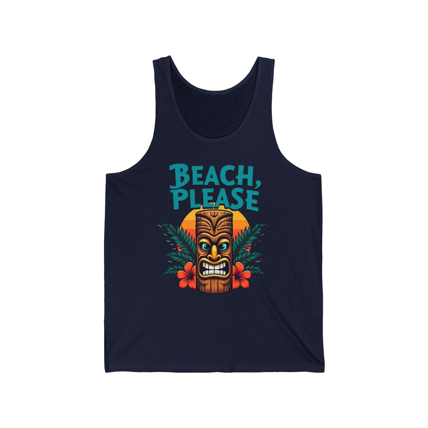 The Beach Please Unisex Jersey Tank - Summer Vibes T-Shirt is a navy jersey tank featuring a bold tiki face, tropical leaves, red flowers, and turquoise “BEACH, PLEASE.” text—a fun addition to your summer wardrobe.