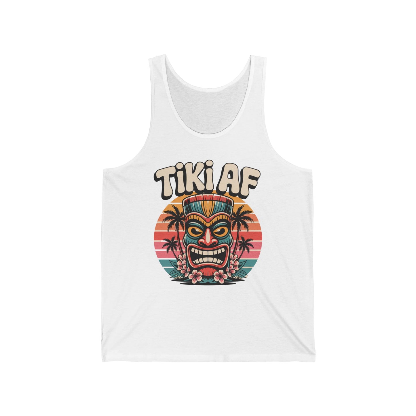 Elevate your summer style with the Tiki AF Unisex Jersey Tank Top—featuring a bold tiki design, palm trees, sunset stripes, and Hawaiian flowers for a vibrant tropical vibe. Perfect for embracing island life!.