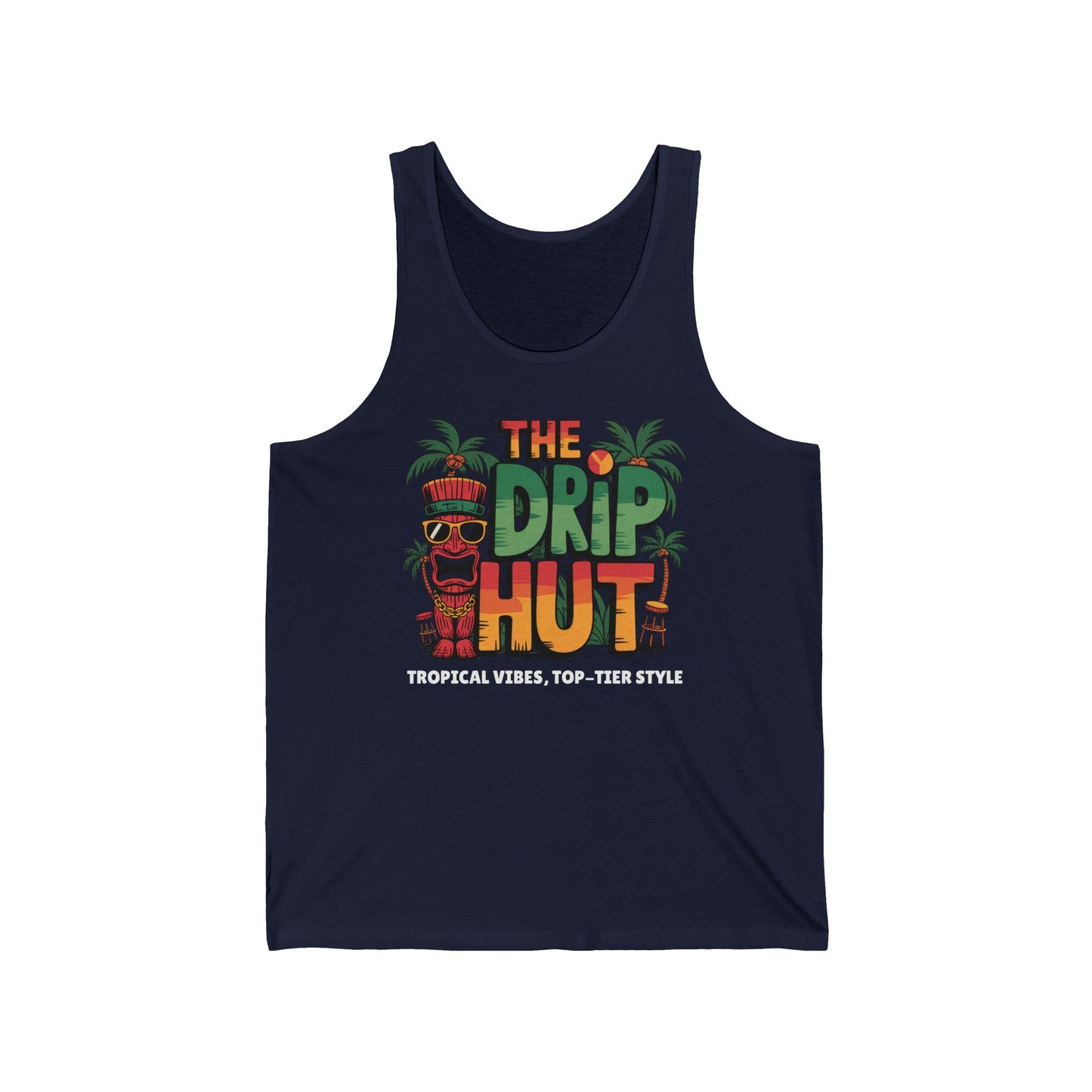 Stay cool this summer in the Tropical Vibes Tiki Tank Top—The Drip Hut Design. Featuring a vibrant tiki, palm trees, and bold branding, this navy unisex tank brings tropical flair and breathable comfort to your wardrobe.
