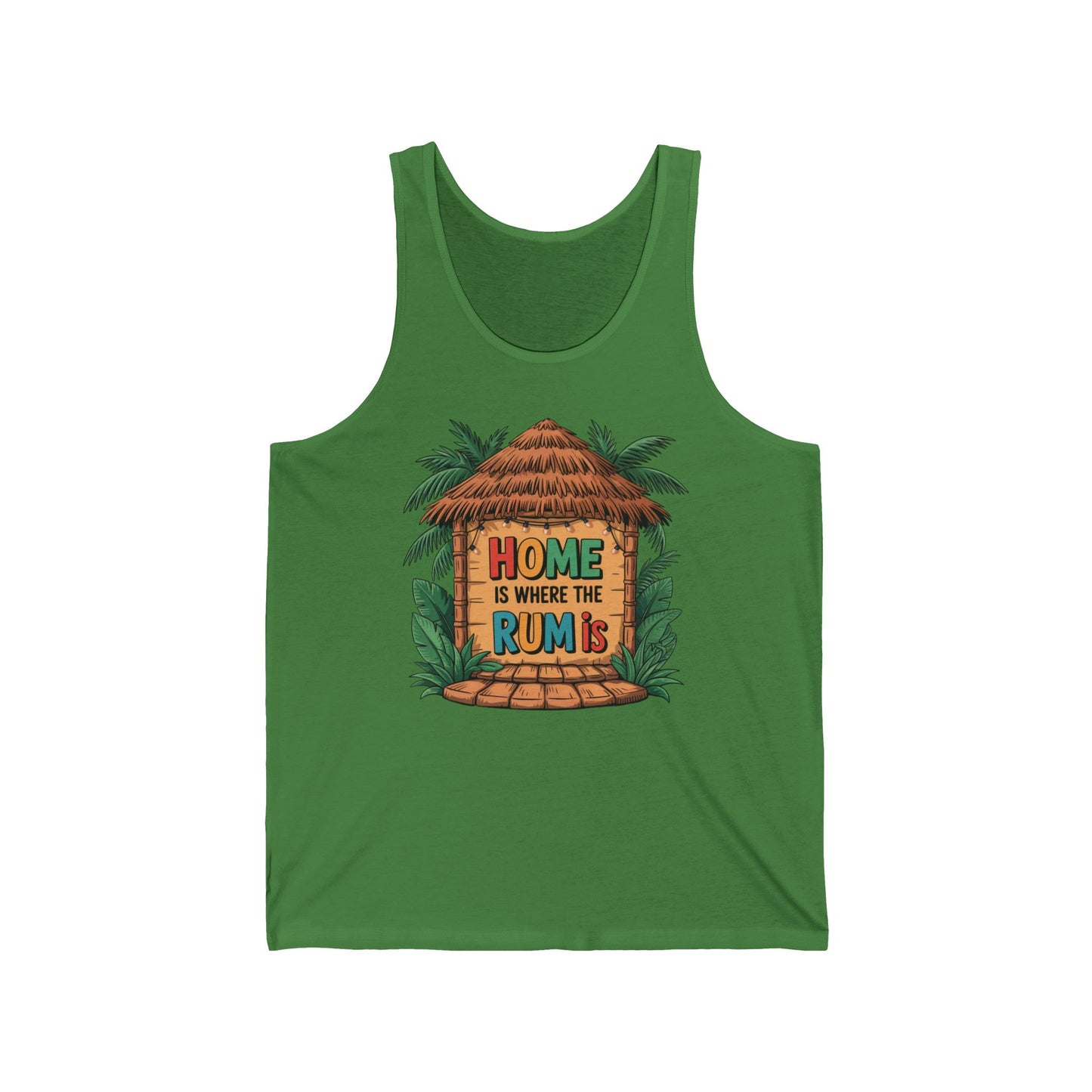 Get tropical in the Home is Where the Rum Is Unisex Jersey Tiki Tank Top, featuring a vibrant tiki hut and palm leaves graphic—perfect for summer days and laid-back vibes.
