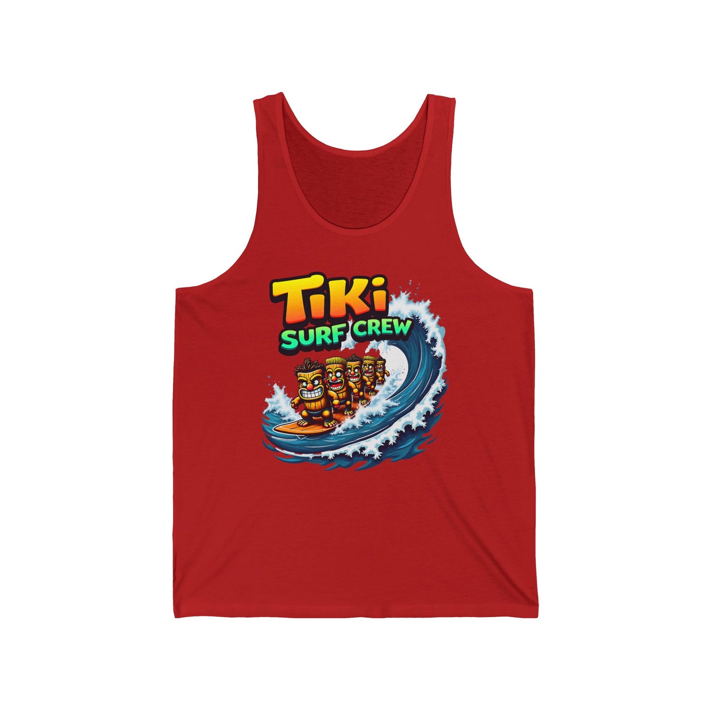 The Tiki Surf Crew Unisex Jersey Tank Top is perfect for beach days and summer fun, featuring four cartoon tiki statues surfing a blue wave with “Tiki Surf Crew” in bold, vibrant colors above the graphic.