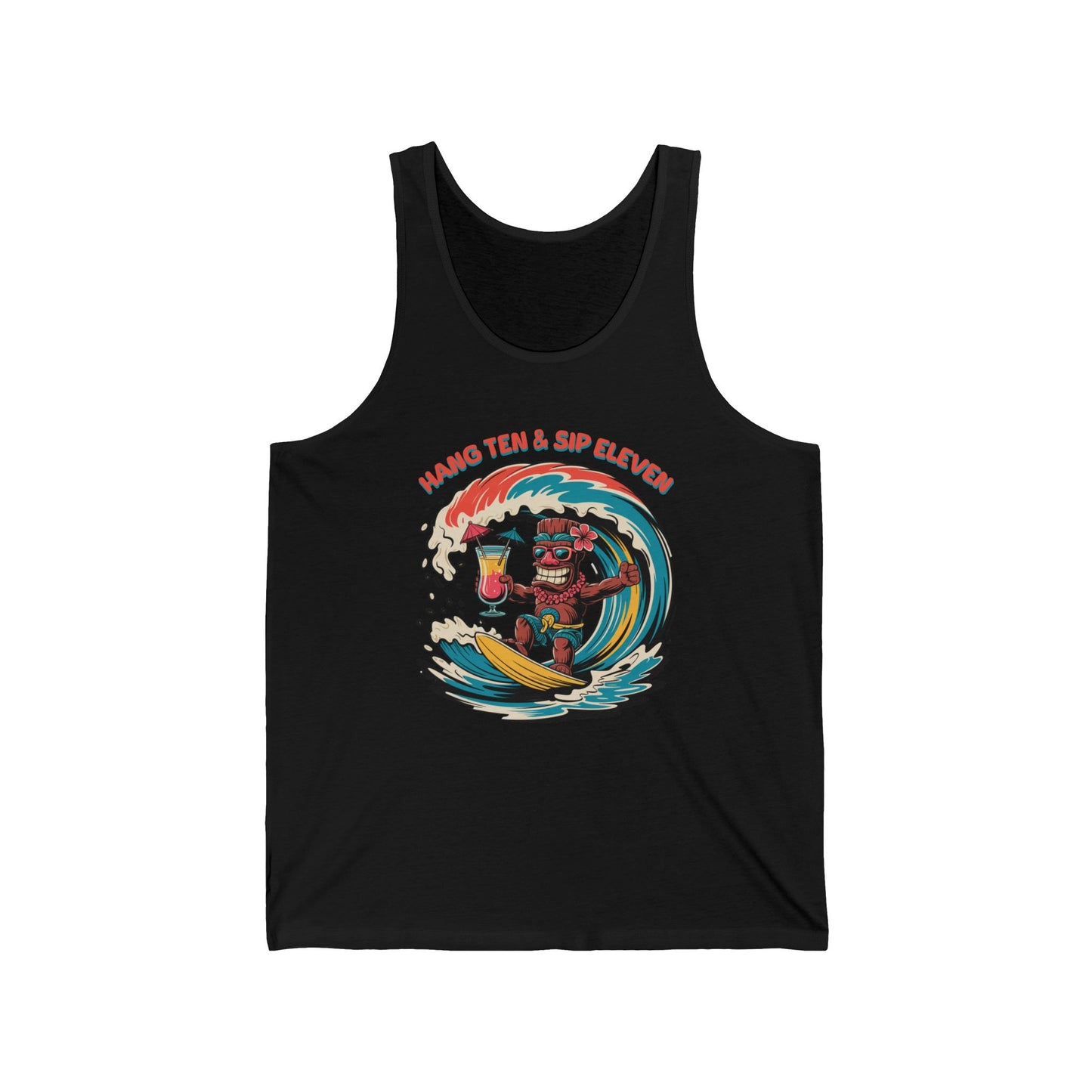 The Hang Ten and Sip Eleven- Tiki Tank Top is a black unisex jersey tank featuring a colorful surfing skeleton with two drinks, bold curved HANG TEN & SIP ELEVEN text, and made from soft Airlume combed cotton with high-quality print.