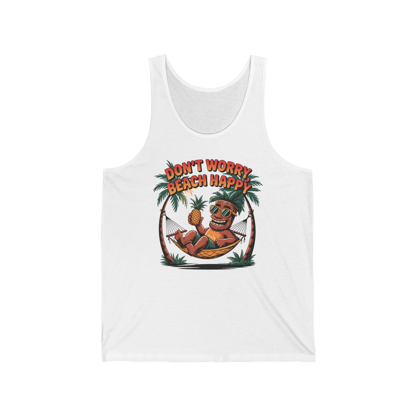 The Beach Vibes Unisex Jersey Tiki Tank Top features a cartoon coconut in a hammock, palm trees, and bold “DON’T WORRY BEACH HAPPY” text. Made from lightweight fabric—perfect for all your summer adventures.
