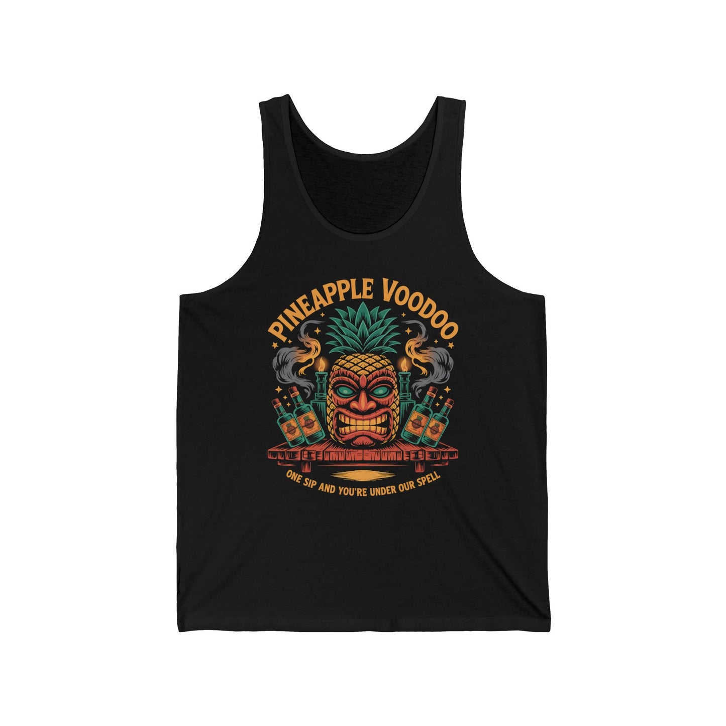 The Pineapple Voodoo Unisex Jersey Tank is a black tropical tee with a vibrant tiki face, pineapple headdress, cocktails, and Pineapple Voodoo text—perfect for beach lovers wanting to add summer vibes to their wardrobe.