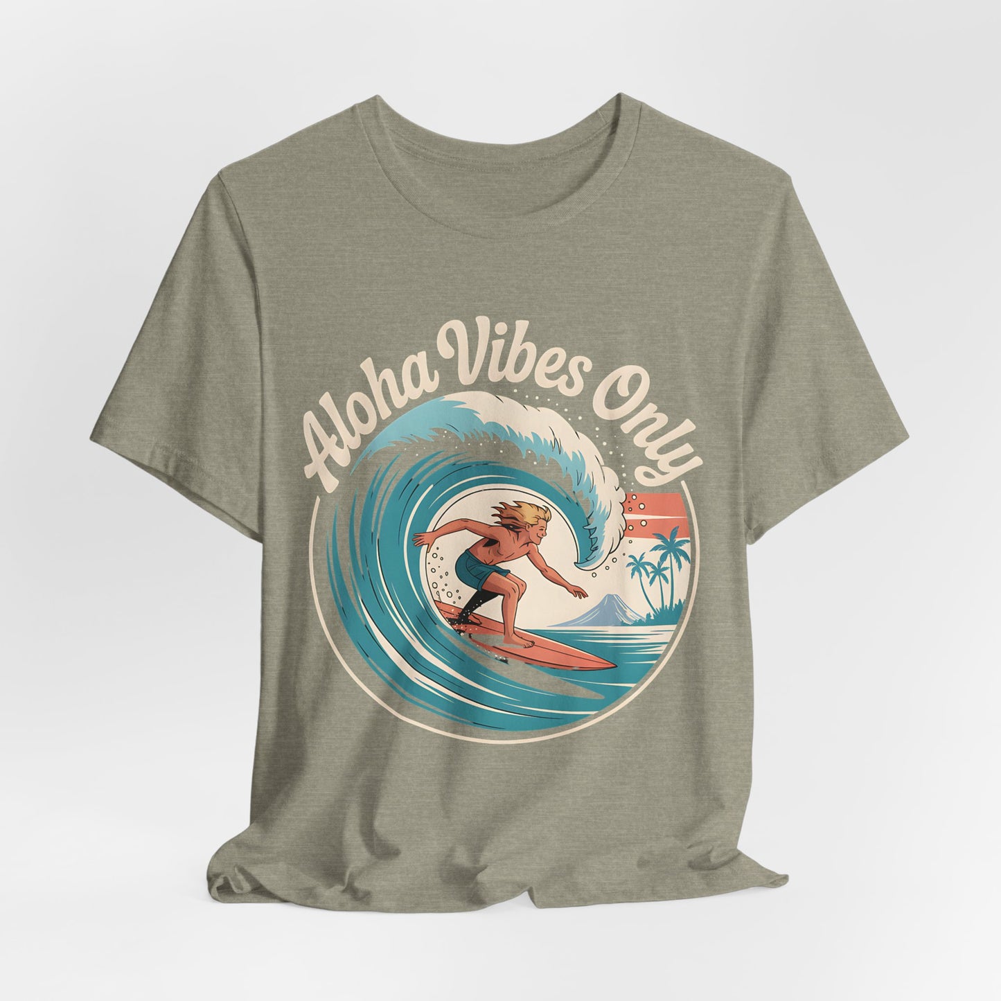 The Aloha Vibes Only Surf T-Shirt is a khaki unisex jersey tee featuring a retro “Aloha Vibes Only” graphic with a surfer, palm trees, and sunset—ideal for beach lovers and surf culture fans.