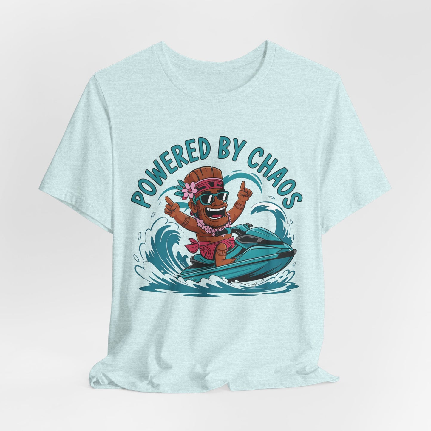 The Powered by Chaos Unisex Jersey Tiki T-Shirt is a light blue, breathable cotton summer tee with vibrant colors and a cartoon of a smiling person on a jet ski, sunglasses, lei, and hat, plus POWERED BY CHAOS above.