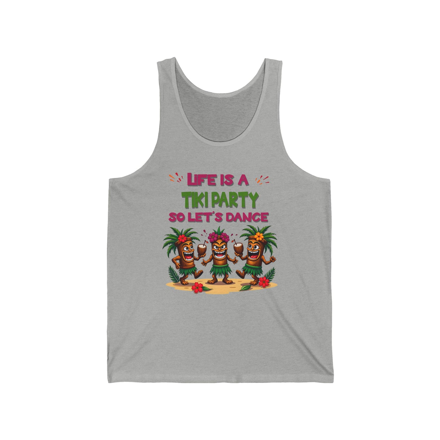 The Tiki Party Tank is a unisex jersey sleeveless top with vibrant tiki, palm tree designs, and Life is a Tiki Party So Lets Dance text—ideal for summer fun and celebrations!.