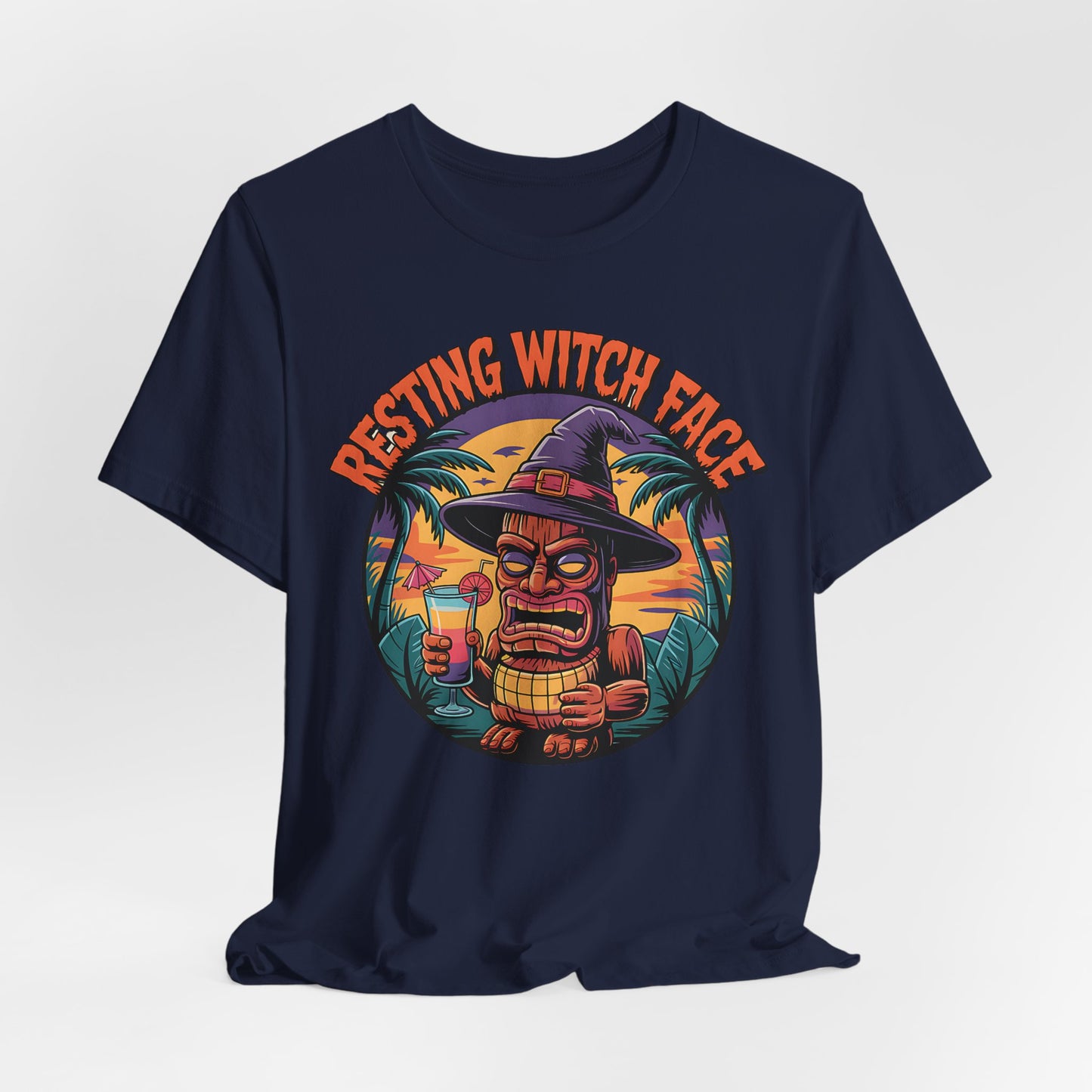 Navy blue t-shirt with 'Resting Witch Face' graphic design on a white background