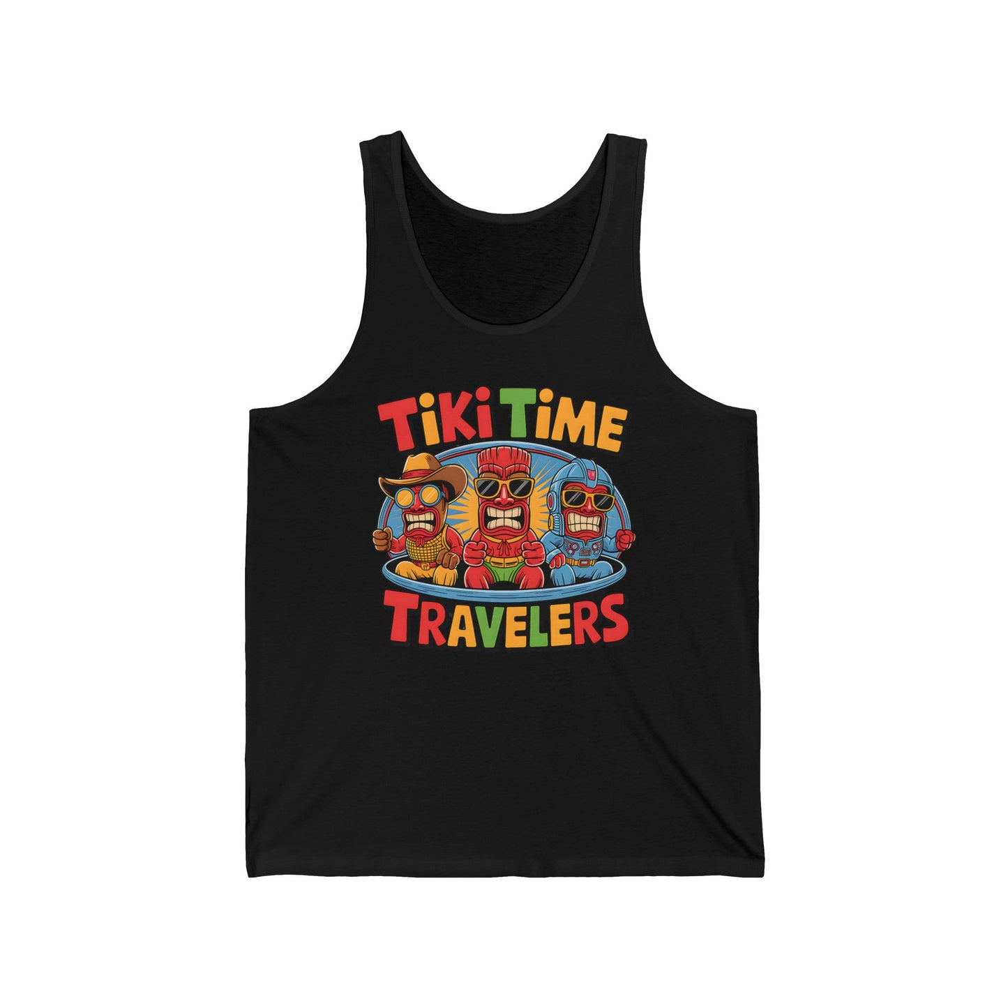 The Tiki Time Travelers Unisex Jersey Tank Top features colorful tiki heads with sunglasses and bold Tiki Time Travelers text—perfect as a fun summer vacation top.