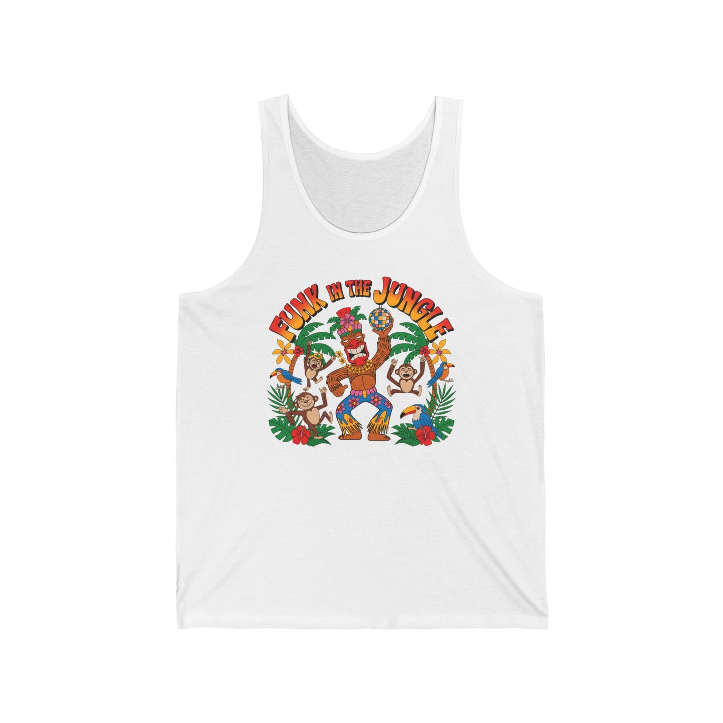 The Funky Jungle Unisex Jersey Tiki Tank Top showcases a vibrant tropical design with three dancing monkeys and Funky in the Jungle above—perfect for summer fun!.