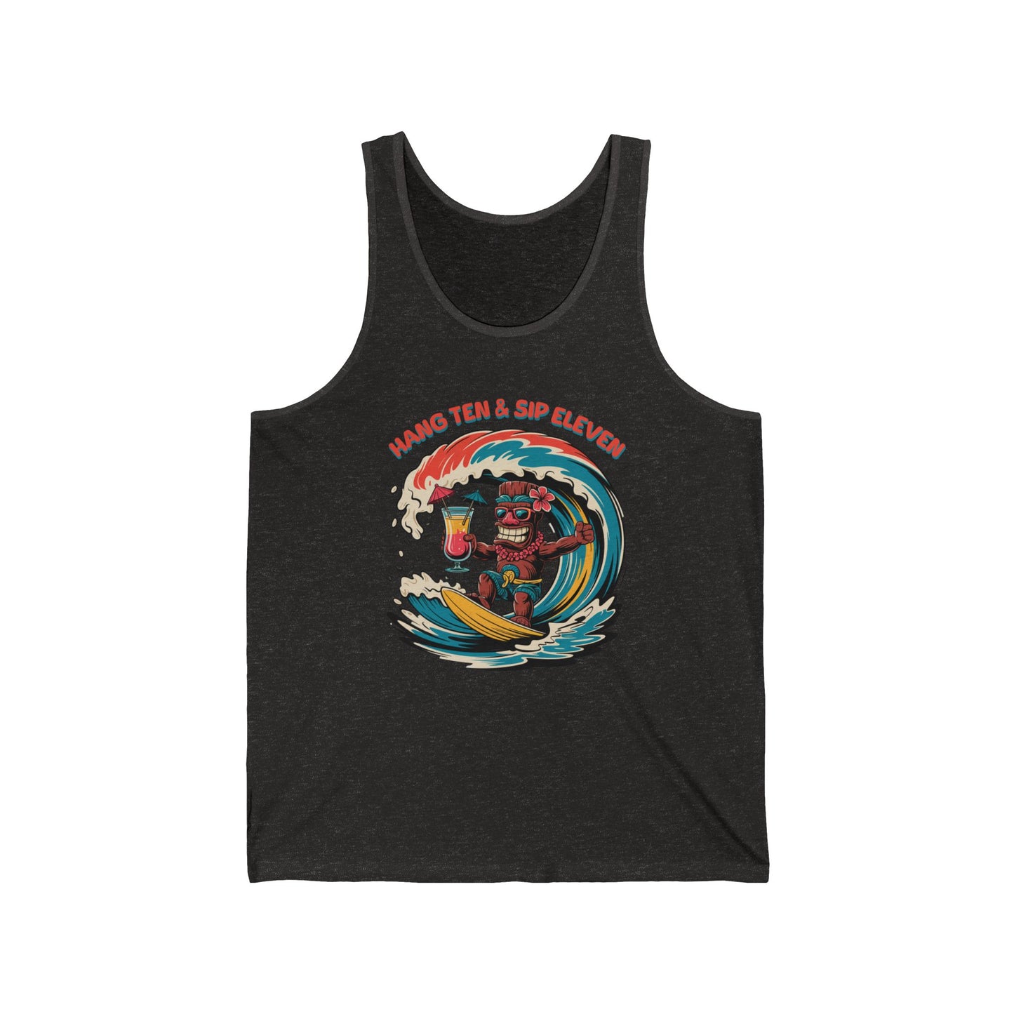 The Hang Ten and Sip Eleven- Tiki Tank Top is a black unisex jersey featuring a vibrant tiki surfing print with HANG TEN & SIP ELEVEN text, crafted from soft Airlume combed cotton for superior comfort.