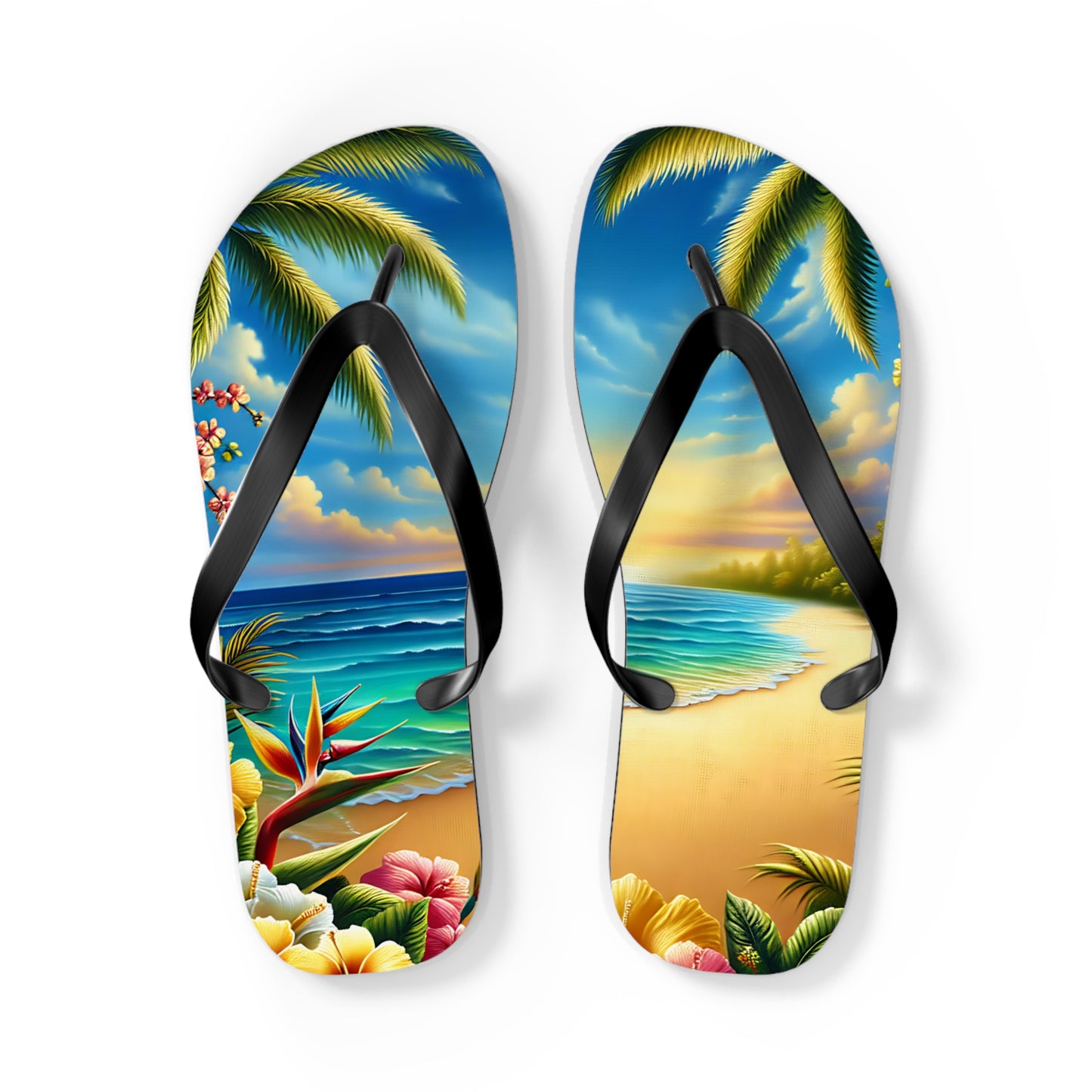 Tropical Paradise Flip Flops - Beach Vibe Sandals with Palm Trees & Ocean Scene