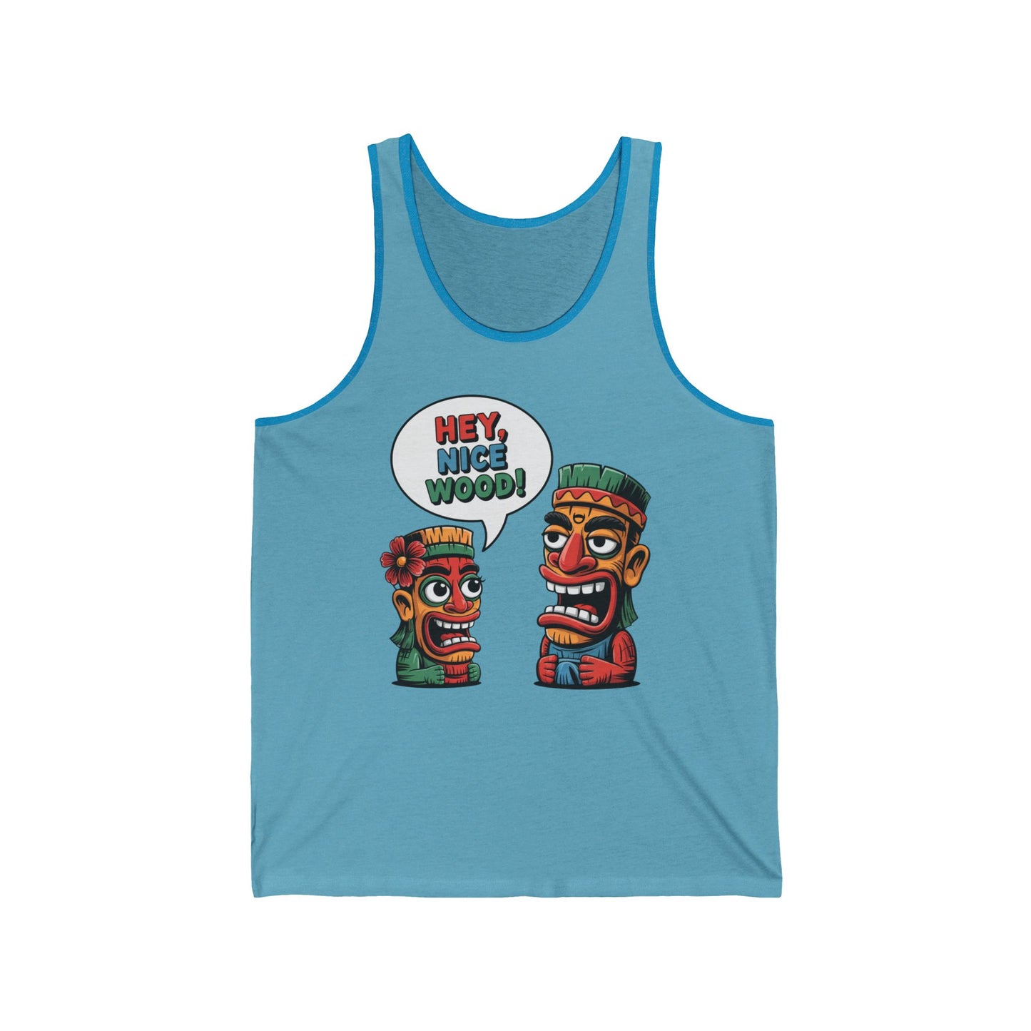 The Tank Top - Hey, Nice Wood - Beach Vibes Funny Tiki Tank Top features two colorful cartoon tiki heads with the phrase Hey, nice wood!—ideal for Hawaiian-themed parties or relaxed beach vibes.