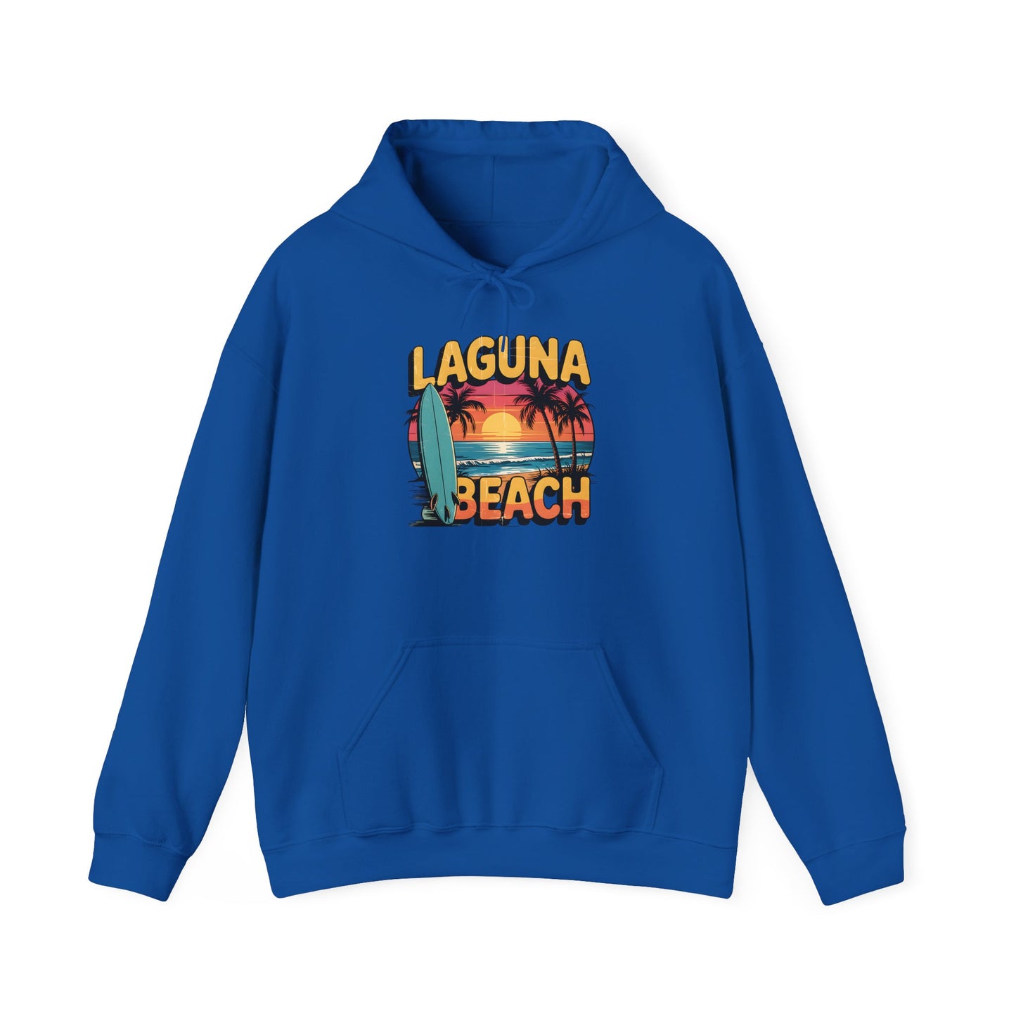 The Laguna Beach Sunset Hoodie for Beach Lovers is a blue hoodie featuring a sunset, palm trees, and surfboard graphic with bold yellow and orange Laguna Beach text—an ideal casual pick for any beach enthusiast.