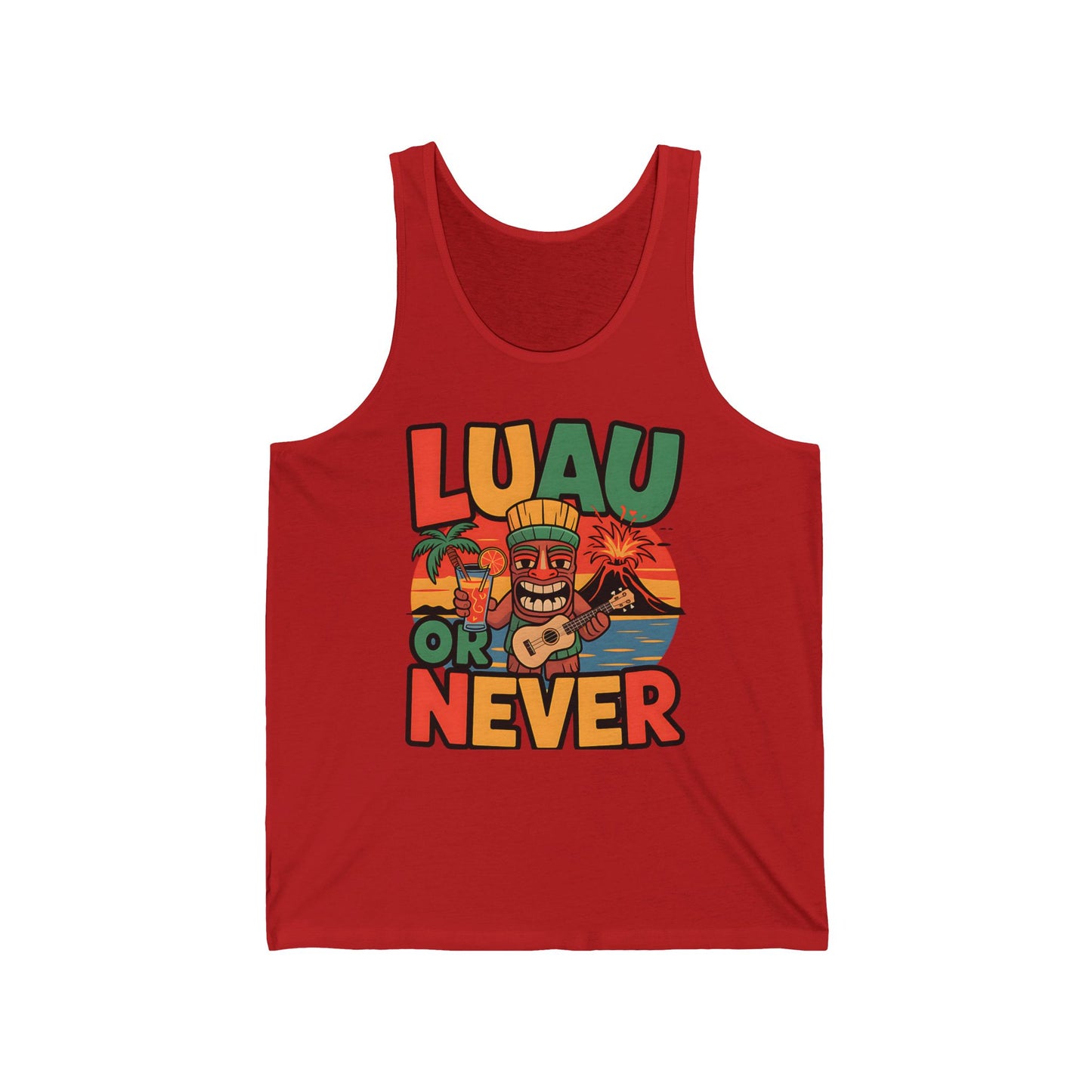 The Luau Or Never Unisex Jersey Tiki Tank Top features a playful tiki, palm trees, volcano, and LUAU OR NEVER design—perfect for summer vibes, beach days, and gatherings.