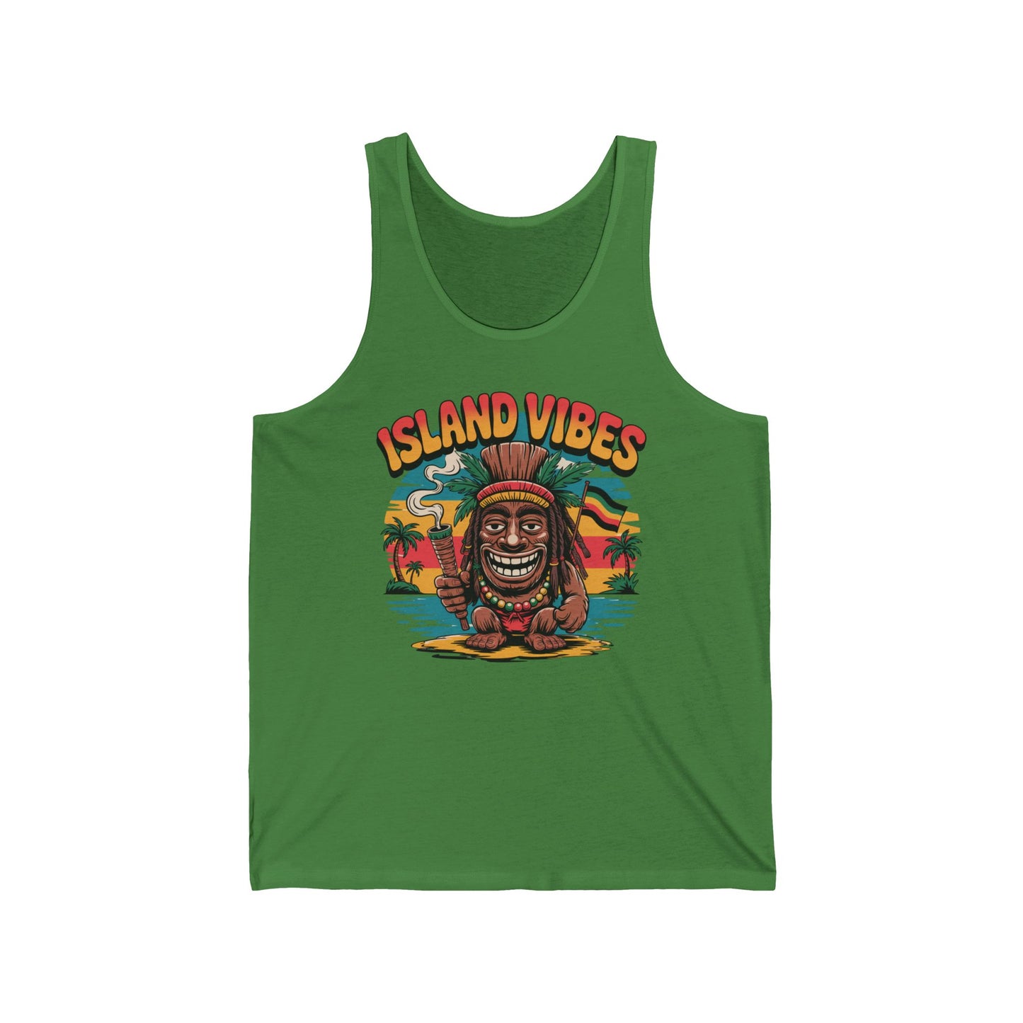 Brighten your summer look with the Island Vibes Unisex Jersey Tiki Tank Top, featuring a smiling cartoon tiki on sand, palm trees, and a sunset. Lightweight fabric keeps you comfy for all summer celebrations. ISLAND VIBES tops the playful design.
