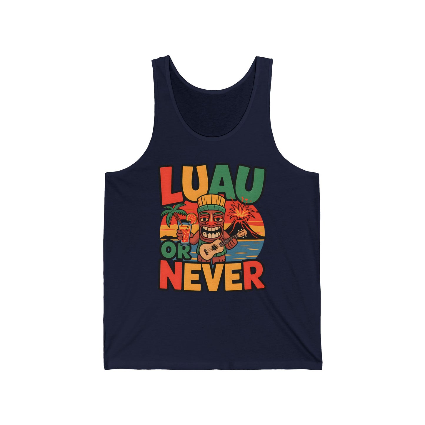 The Luau Or Never Unisex Jersey Tiki Tank Top features a colorful tiki statue with ukulele, palm trees, and a sunset on navy blue—bold “Luau or Never” lettering makes it perfect for summer vibes and beach gatherings.