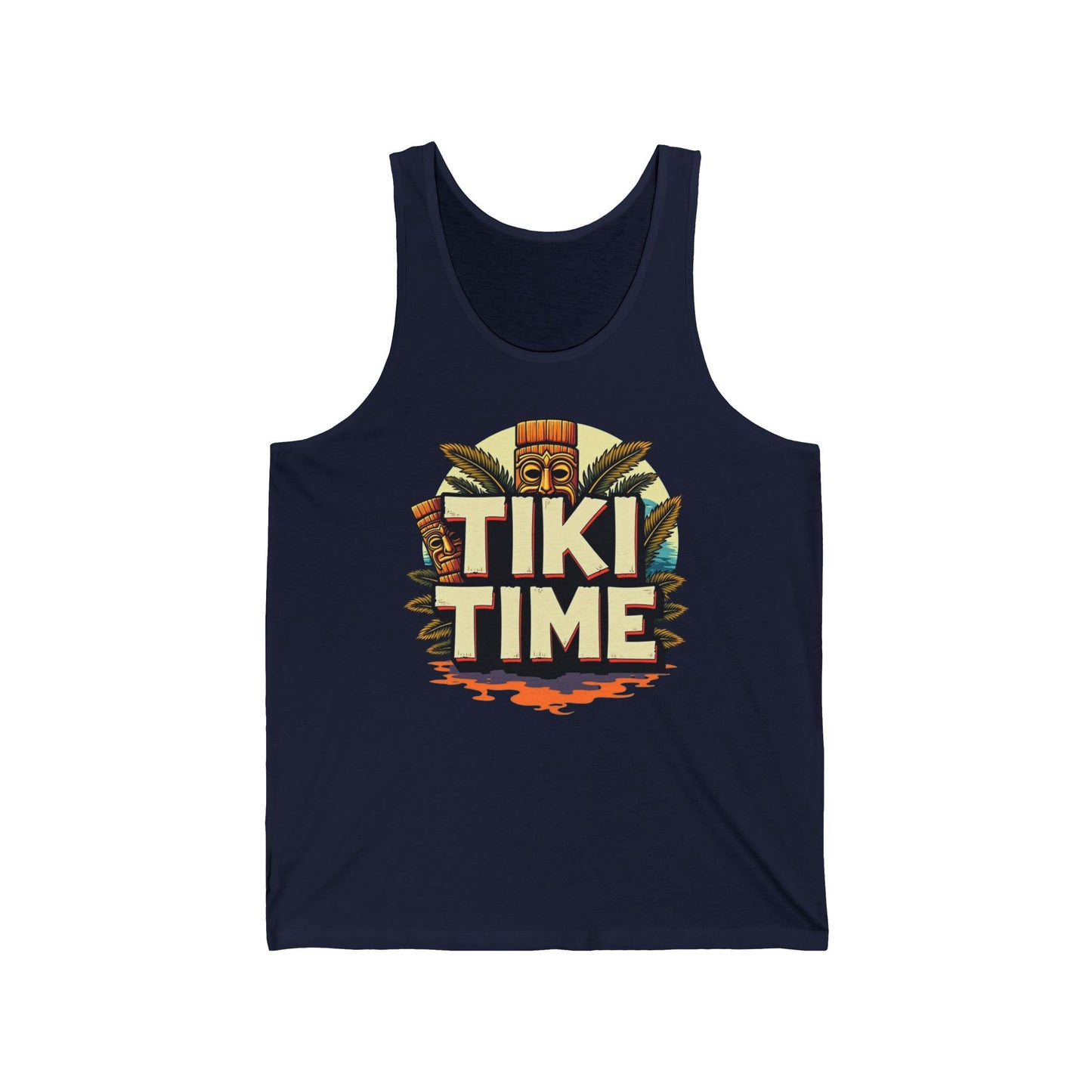 The Tiki Time Unisex Jersey Tiki Tank Top features a colorful tiki statue graphic with palm leaves and bold retro lettering—ideal for summer vibes, casual wear, and tropical celebrations.