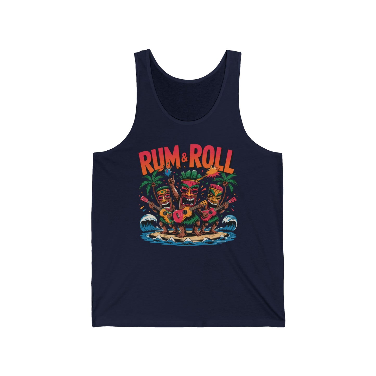 Brighten your summer look with the Tropical Rum & Roll Unisex Jersey Tiki Tank Top—perfect for parties and beach days, featuring three musical tikis, vibrant palms, splashes, and bold RUM & ROLL lettering.