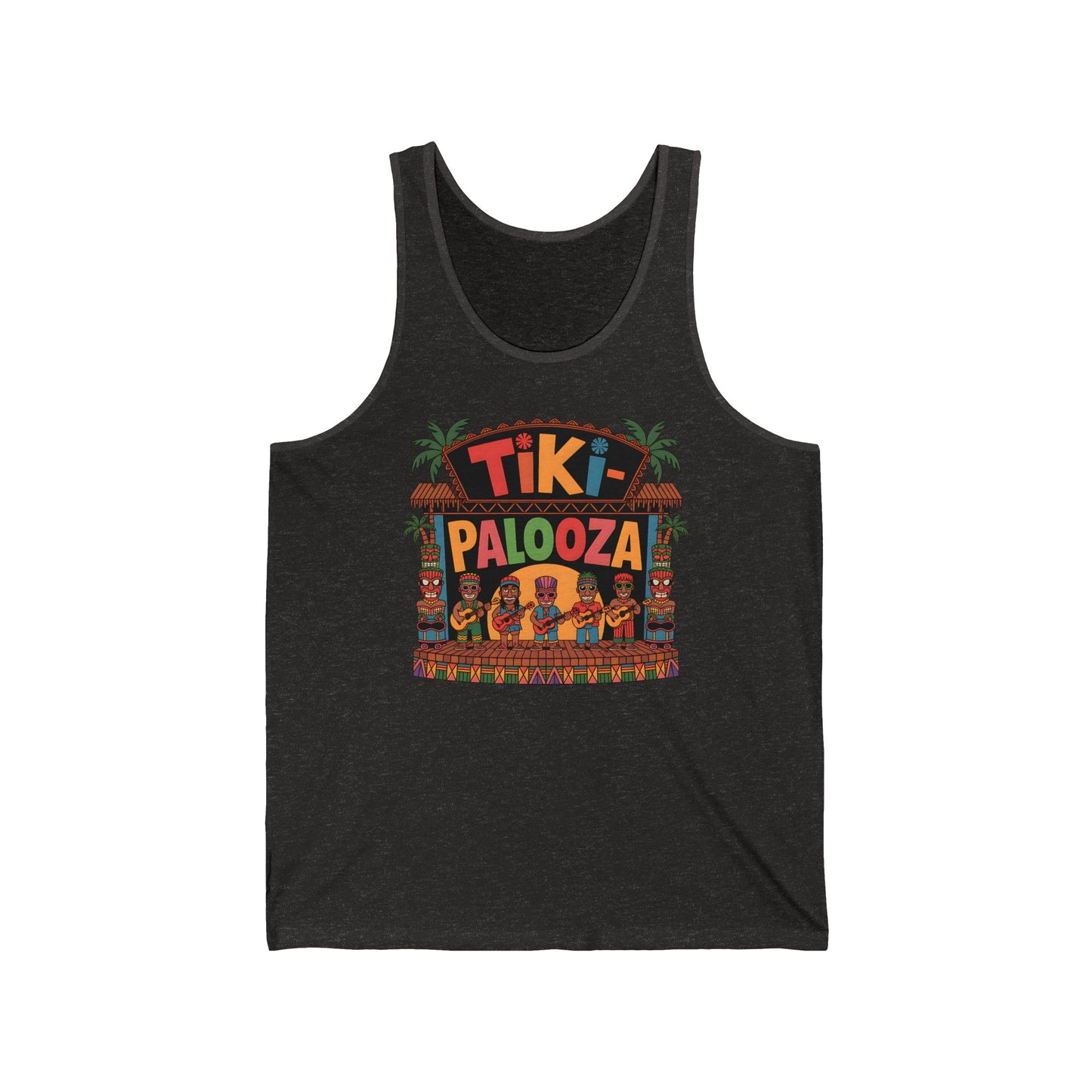 The Tiki Palooza Unisex Jersey Tiki Tank Top features a vibrant tiki bar graphic with four people under palm trees and bold Tiki Palooza text—perfect for festival-ready, summer vibes.