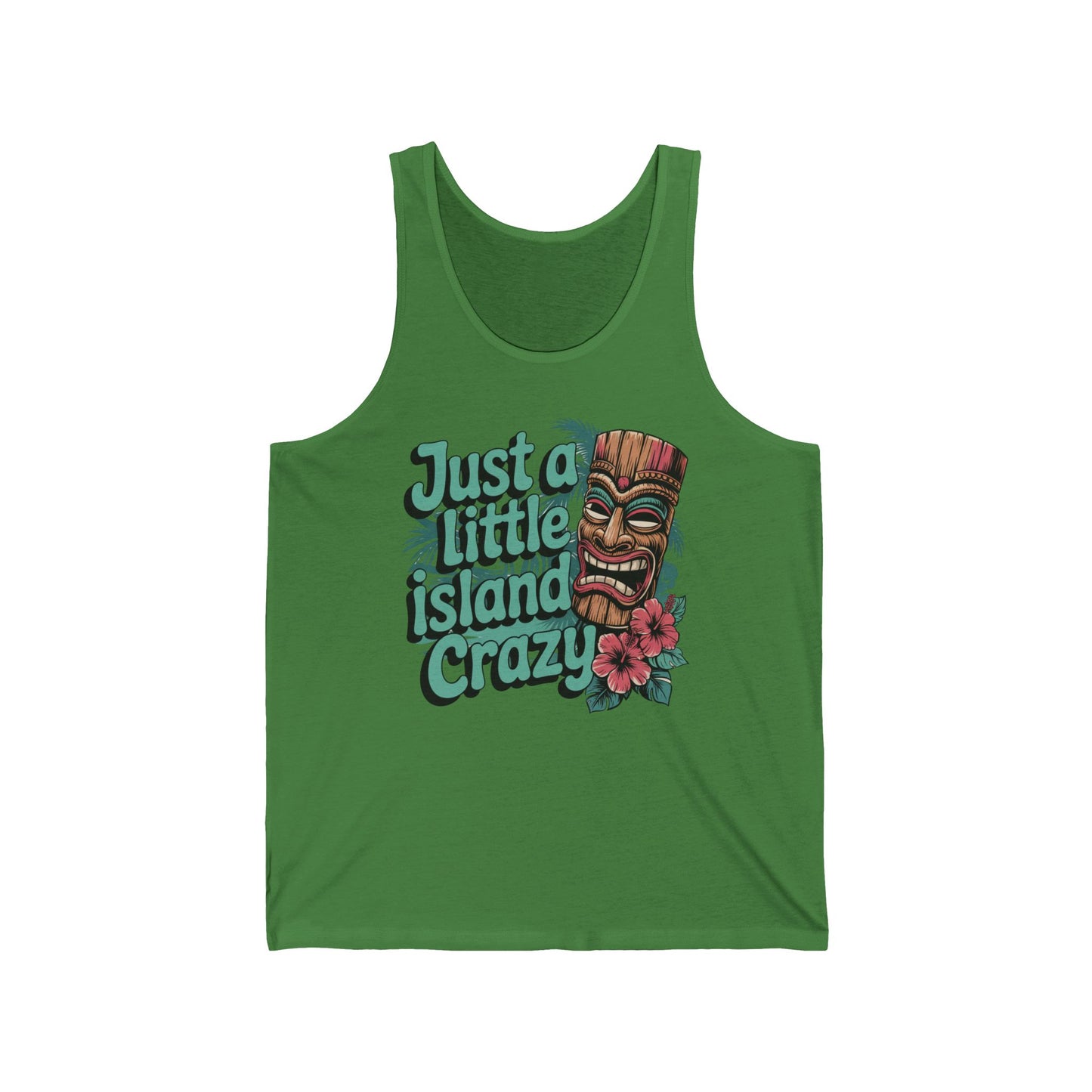 The Just a Little Island Crazy - Tropical Vibe Unisex Jersey Tank features a tiki mask, pink hibiscus flower, and fun text—a must-have for your summer wardrobe.