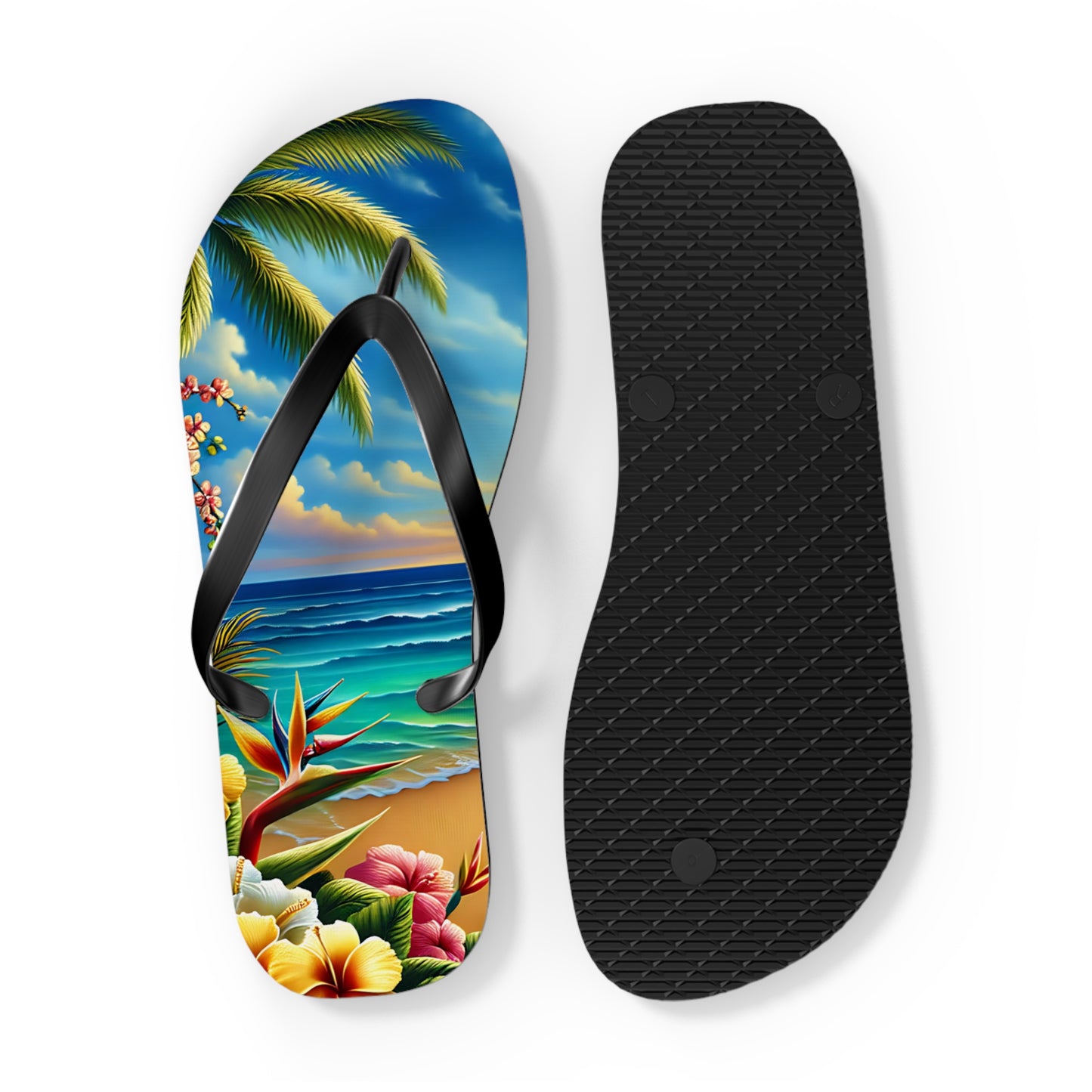 Tropical Paradise Flip Flops - Beach Vibe Sandals with Palm Trees & Ocean Scene