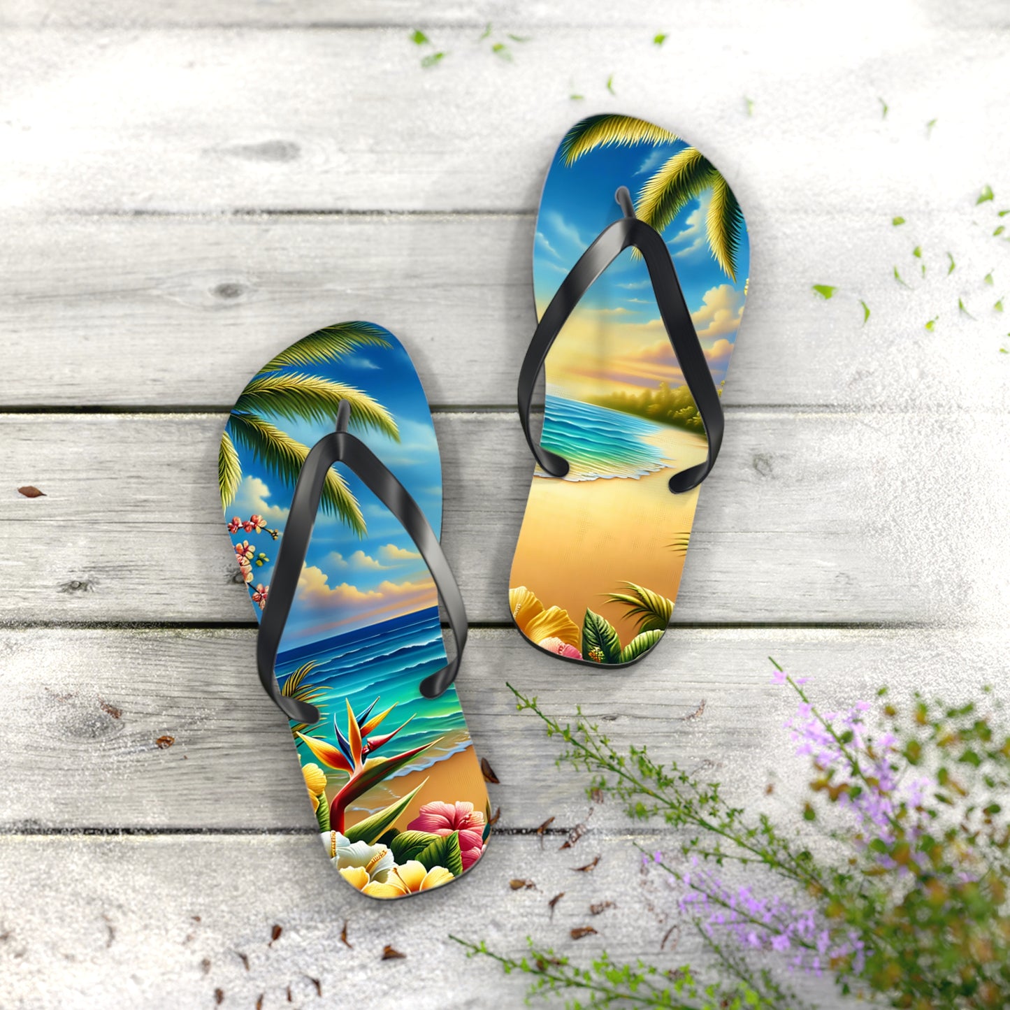 Tropical Paradise Flip Flops - Beach Vibe Sandals with Palm Trees & Ocean Scene