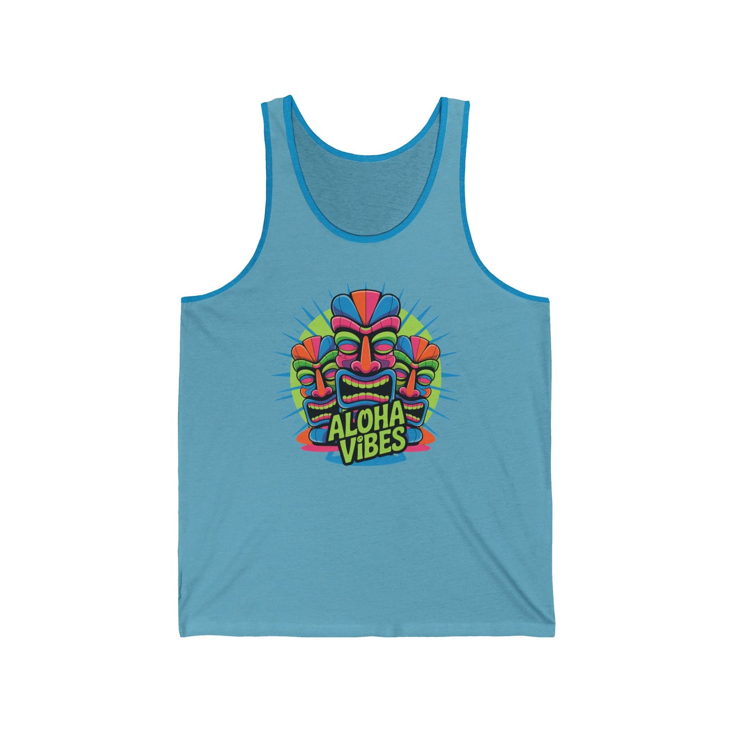 The Aloha Vibes Unisex Jersey Tiki Tank Top is a light blue, relaxed-fit summer beachwear featuring a bold tiki mask with sunglasses and Aloha Vibes lettering, offering effortless style and comfort.