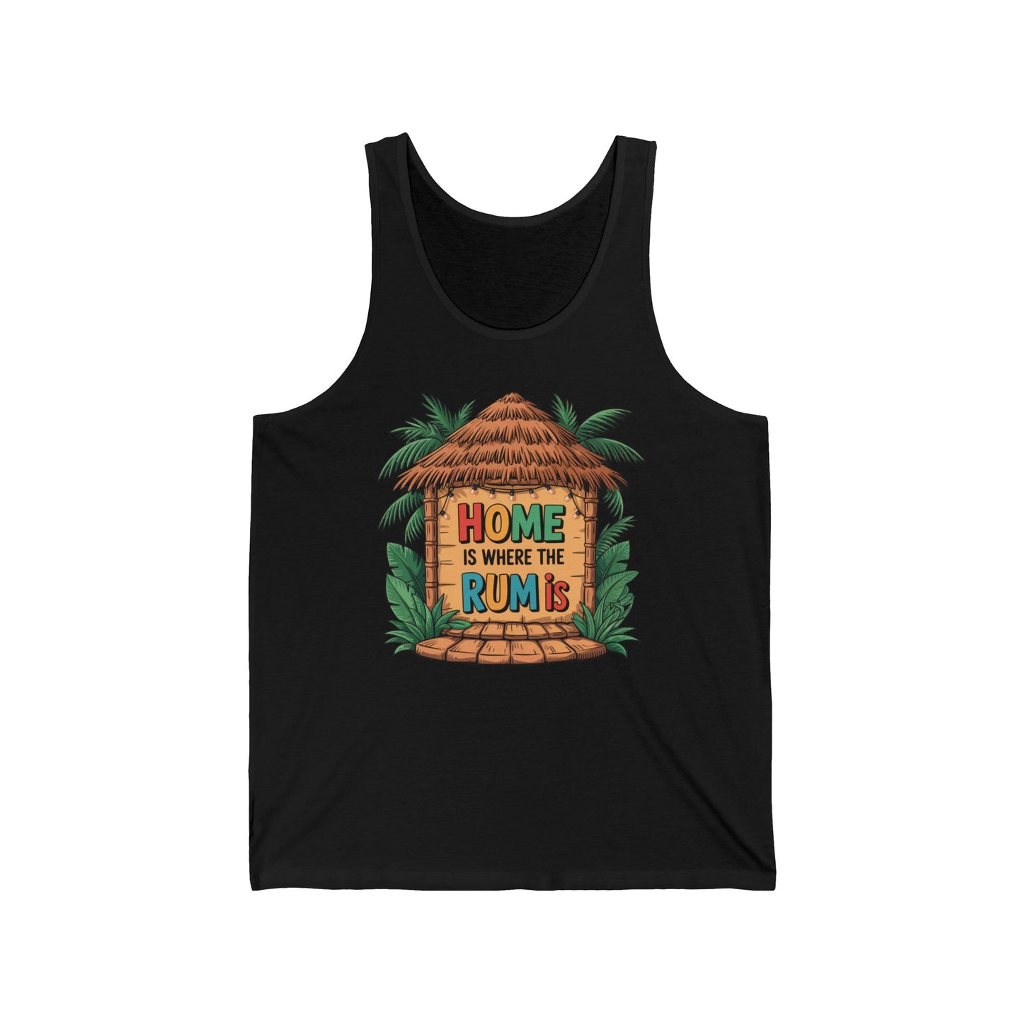 The Home is Where the Rum Is Unisex Jersey Tiki Tank Top features a black design with a tropical hut and palm leaves, plus vibrant text, making it perfect for summer vibes.